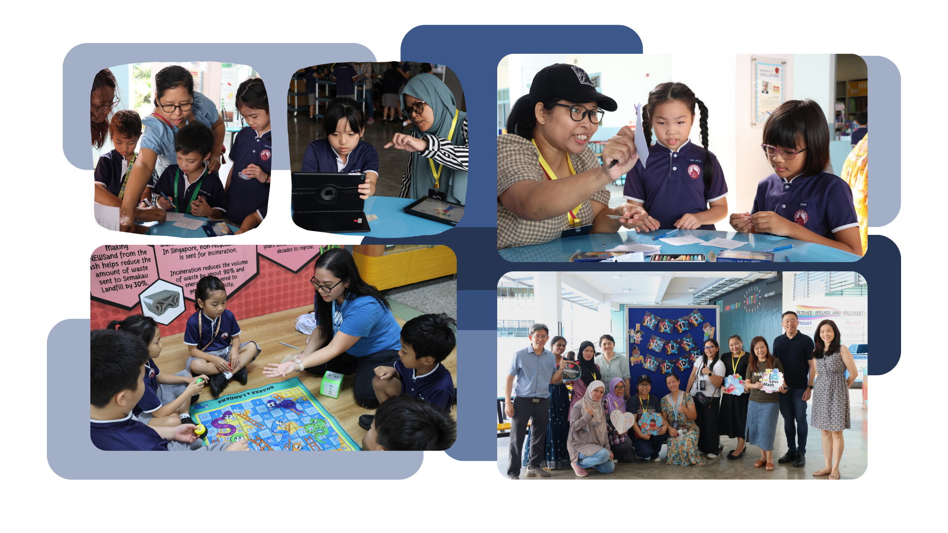 Collage of school children and adults engaged in learning activities including tablets, board games, and crafts.