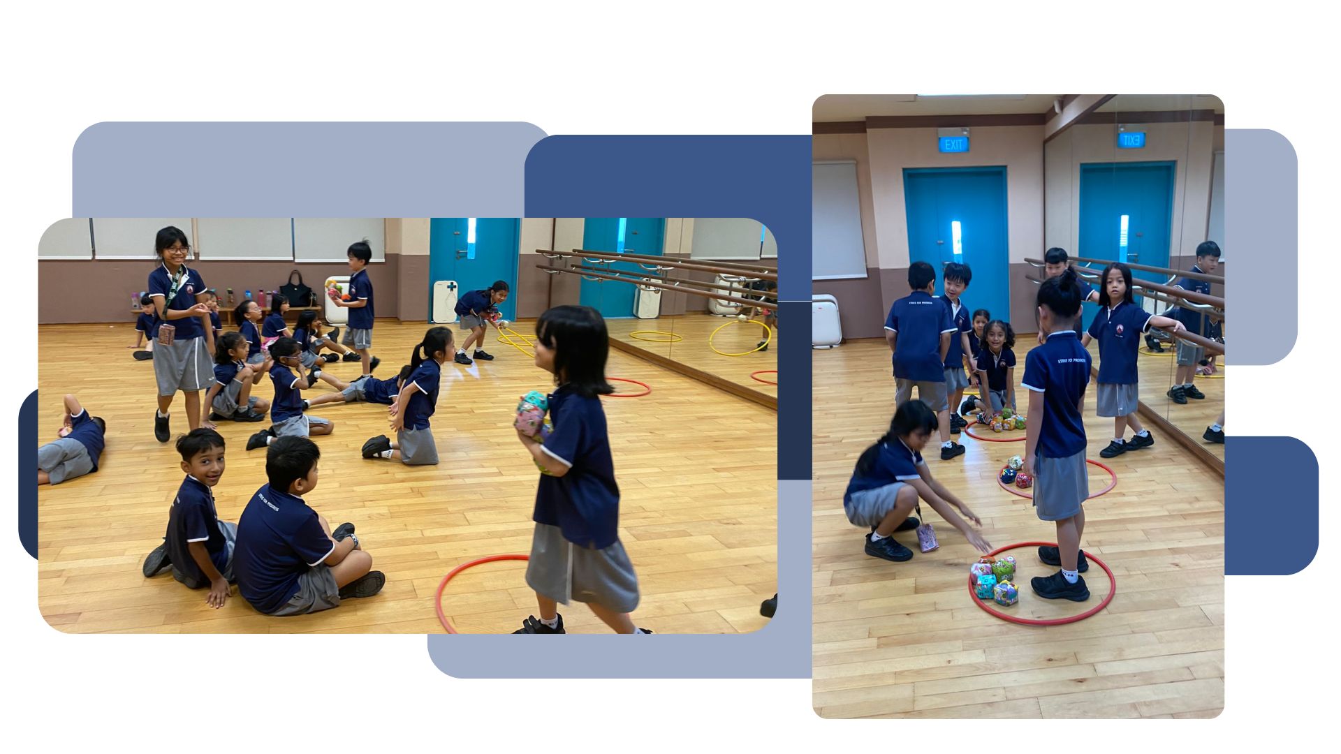 Children in navy uniforms play with hula hoops and colorful toys on a wooden gym floor indoors.