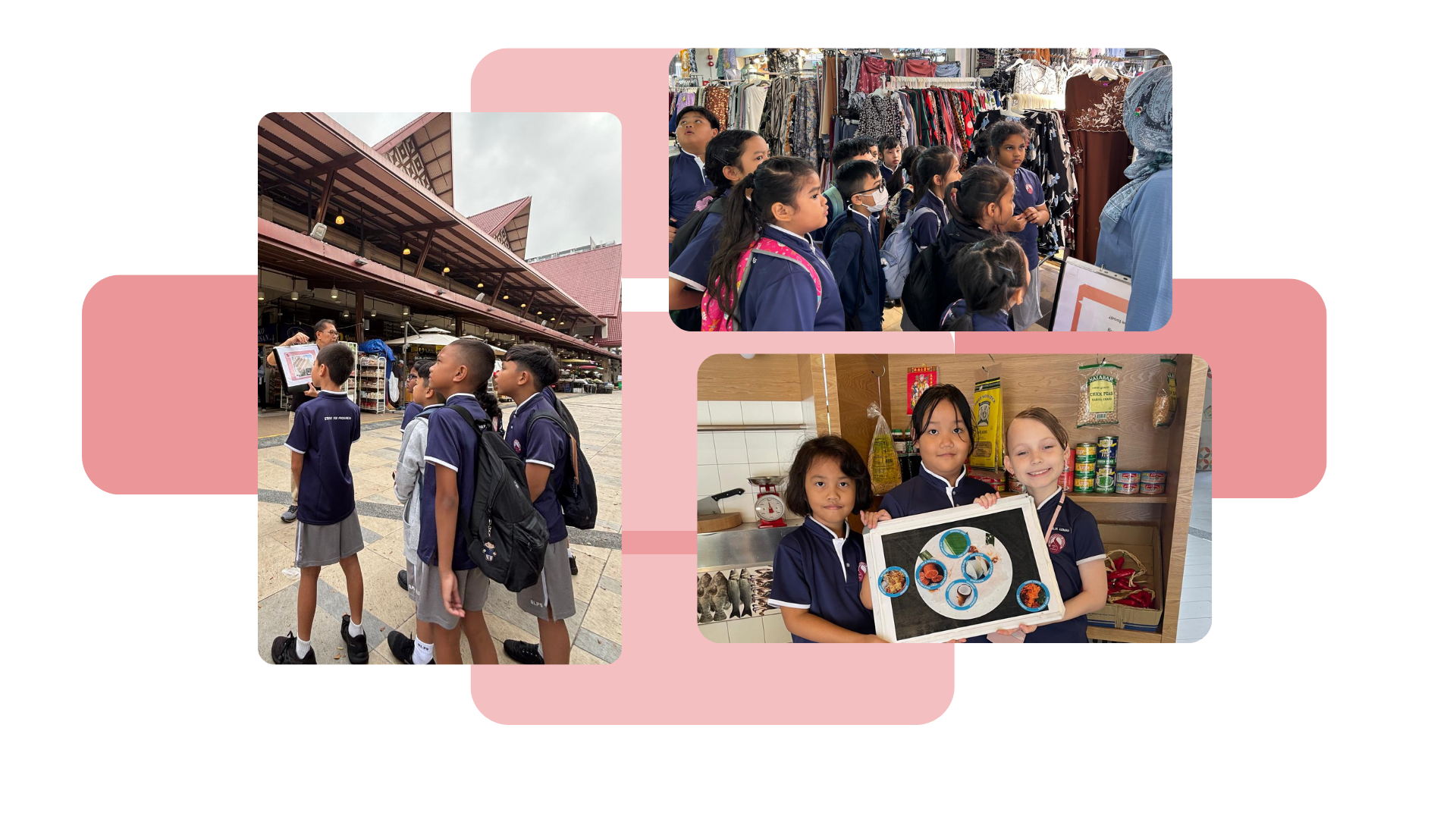 Three photos of uniformed schoolchildren on a field trip to a market, browsing stalls and holding a food display board.