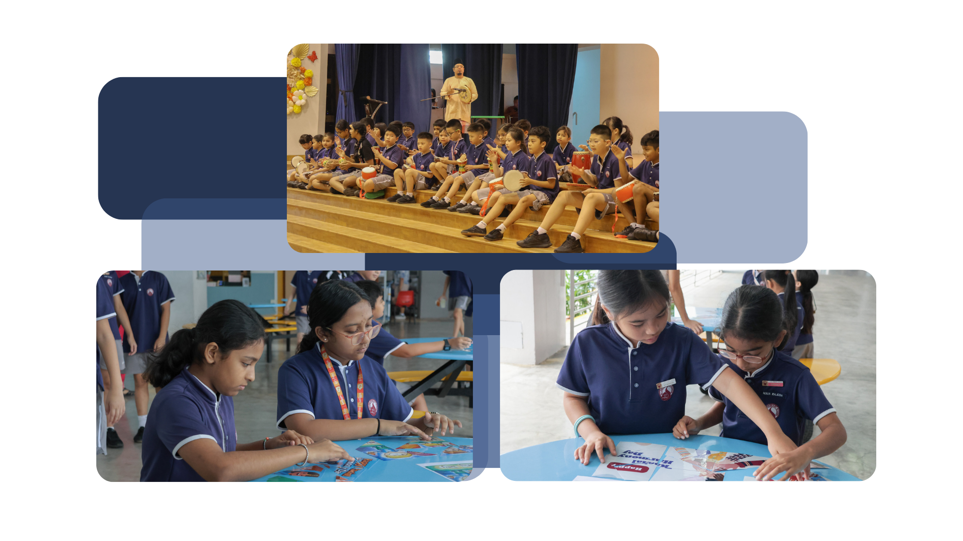 Three school photos: students playing drums on a stage, and pairs of students working on activity sheets at tables.