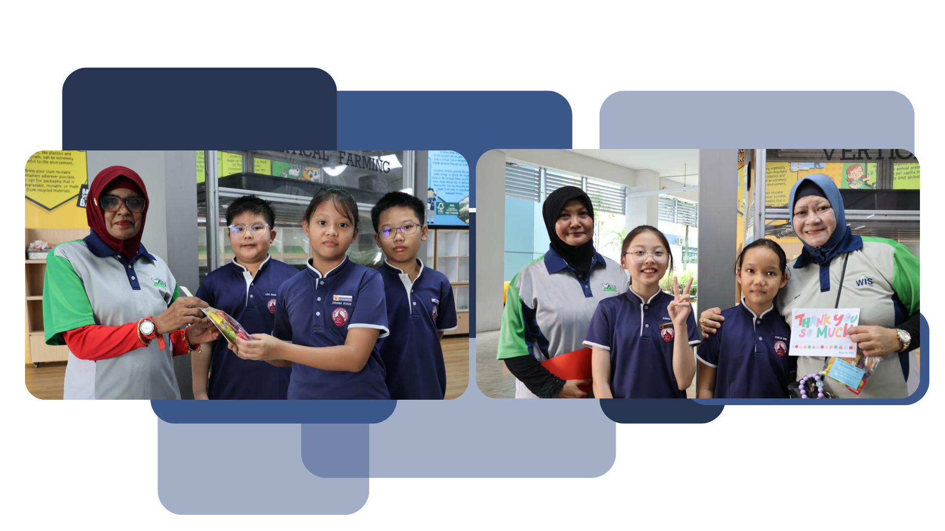 Two school photos: adults and children in navy uniforms pose together, one group holding a Thank You So Much card.