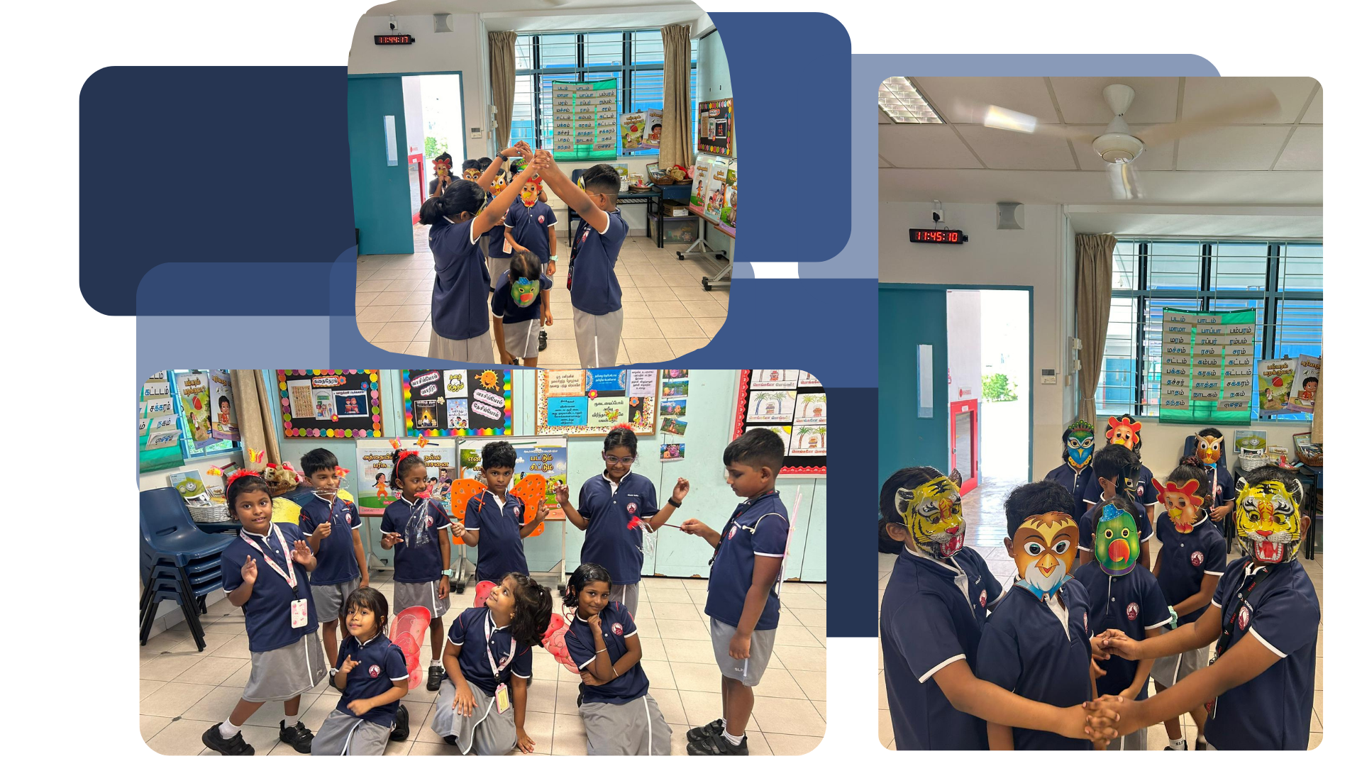 Young students in blue uniforms wear colorful animal masks and play together in a decorated classroom.