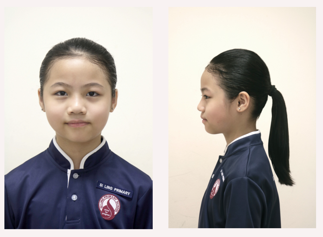 A young girl in a Si Ling Primary School uniform shown from front and side, with hair in a ponytail.