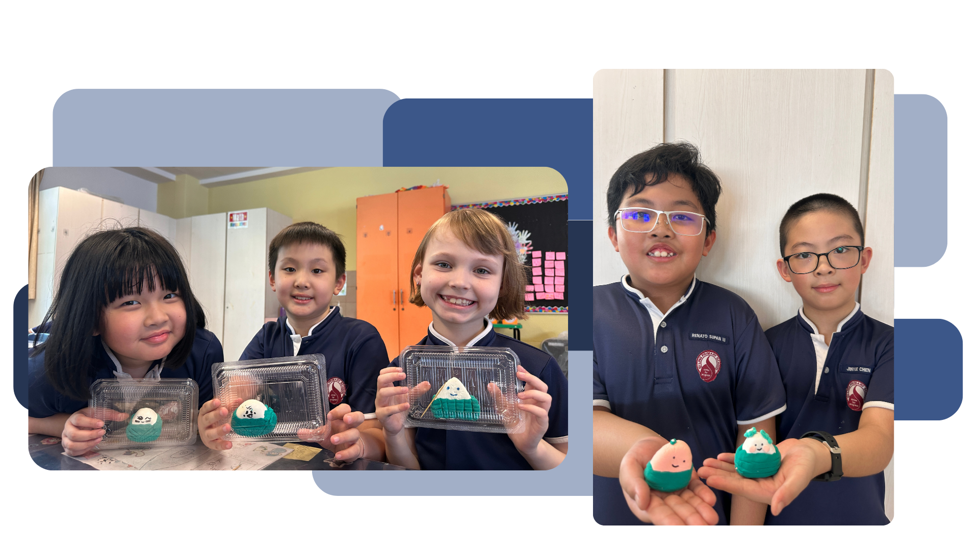 Five children in school uniforms smile while holding small painted rocks shaped like cute food characters.