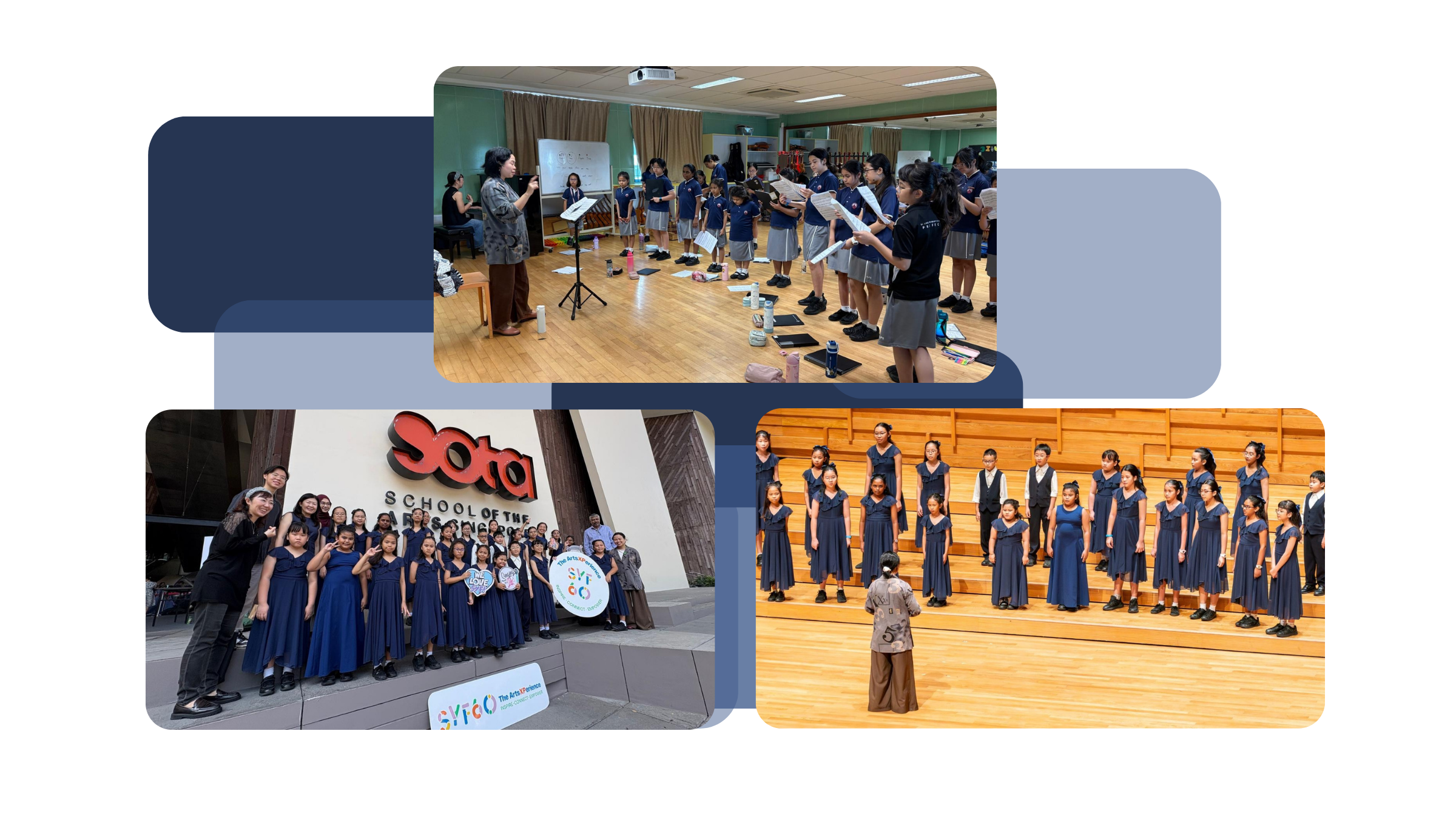 Choir members rehearsing with a conductor in a music room, posing for a group photo outside the School of the Arts (SOTA) Singapore, and performing on stage in navy dresses before a conductor.