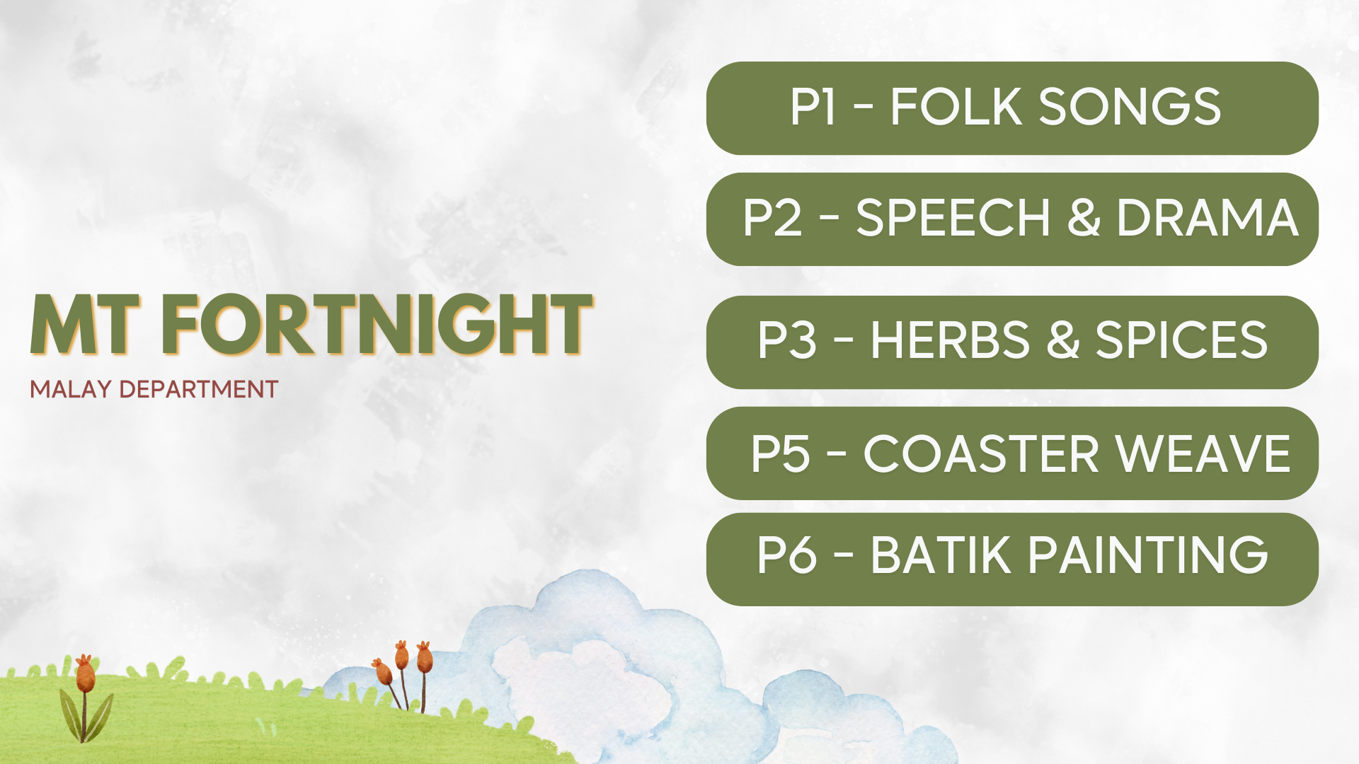 MT Fortnight Malay Department slide listing activities: Folk Songs, Speech and Drama, Herbs and Spices, Coaster Weave, Batik Painting.
