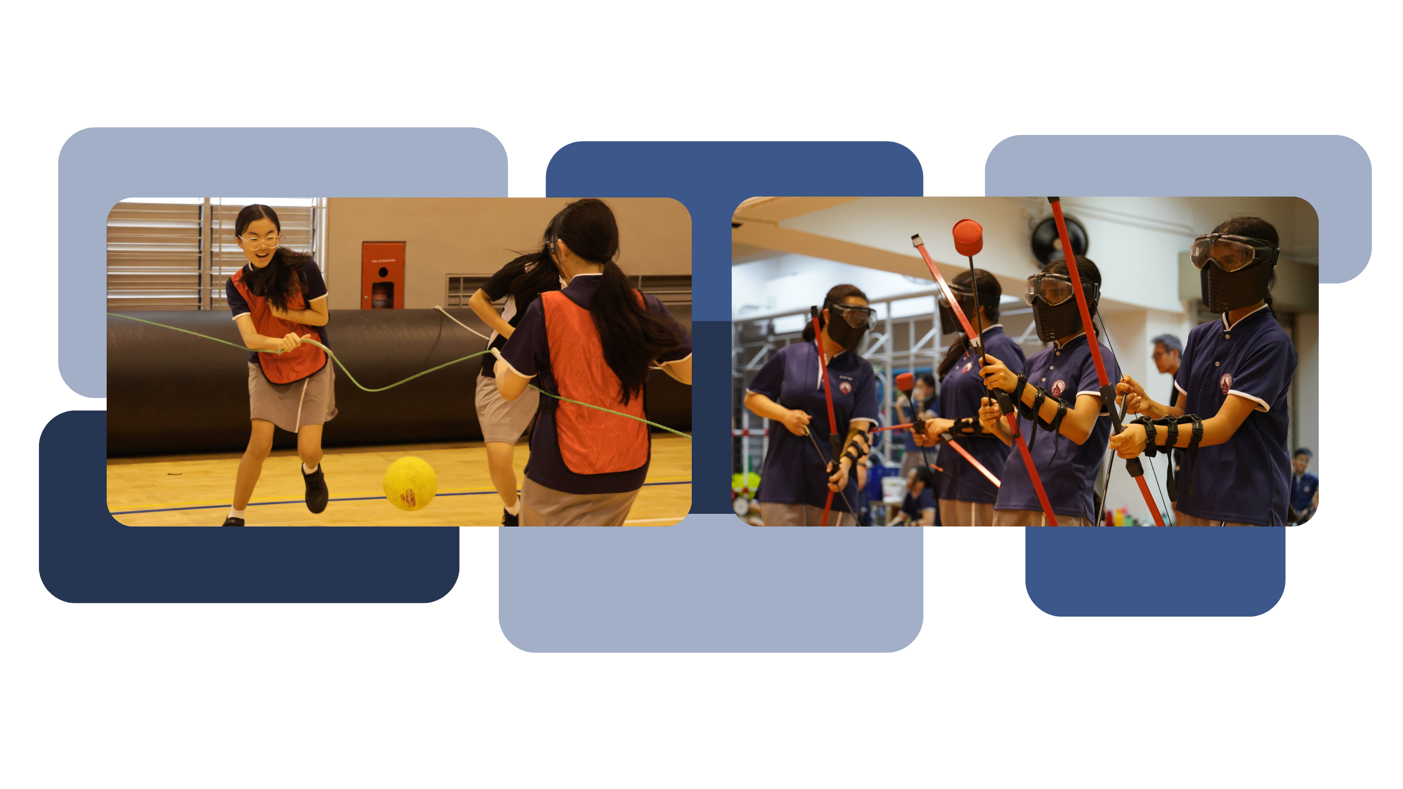 Two school activity scenes: (From left) girls playing with a rope and ball indoors, and students in masks holding archery equipment.