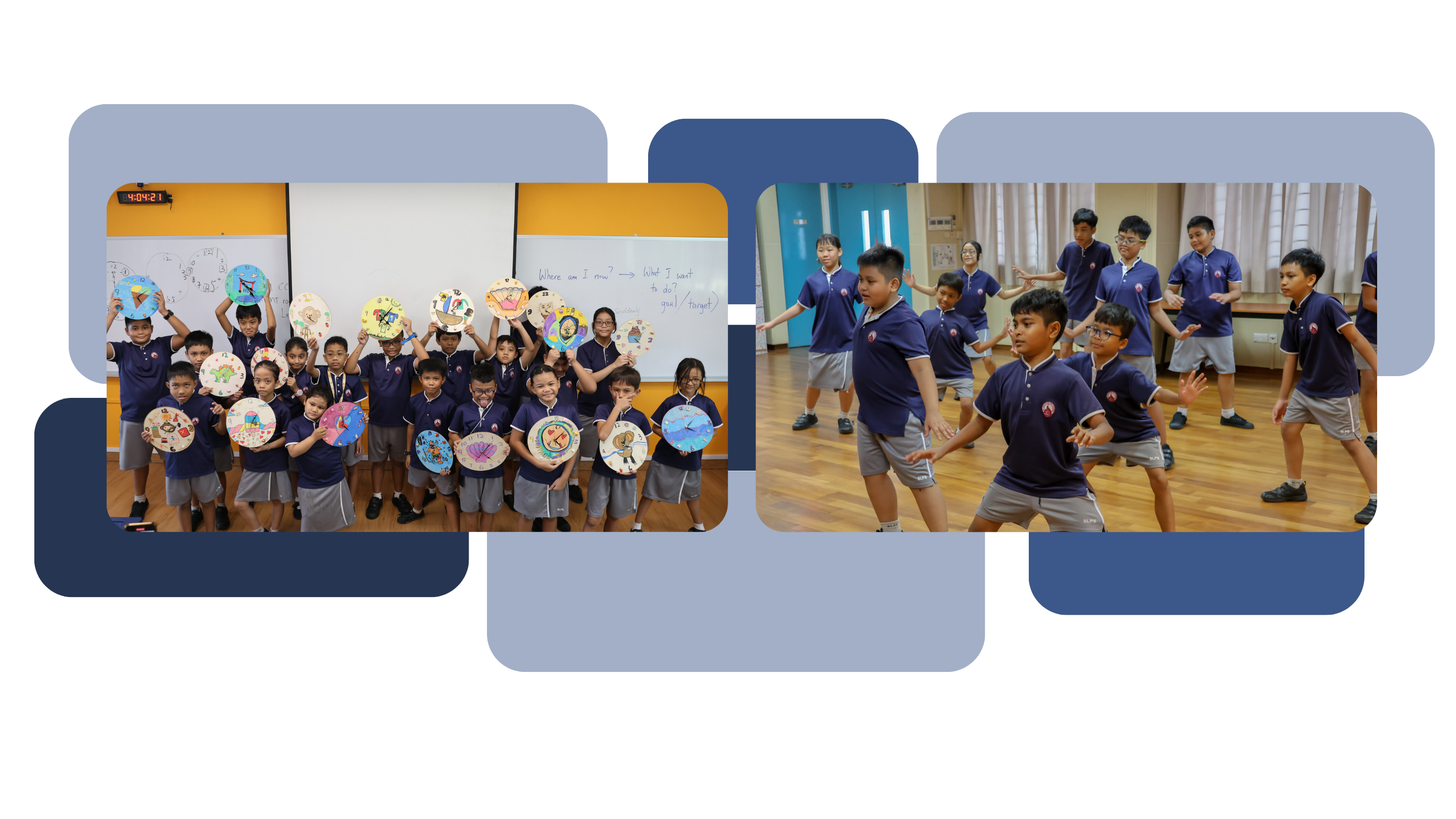 Two school photos: (Left) Students taking a group photo smiling while showing their finished Clock Artpiece. (Right) A group of 10 students practicing their dance.