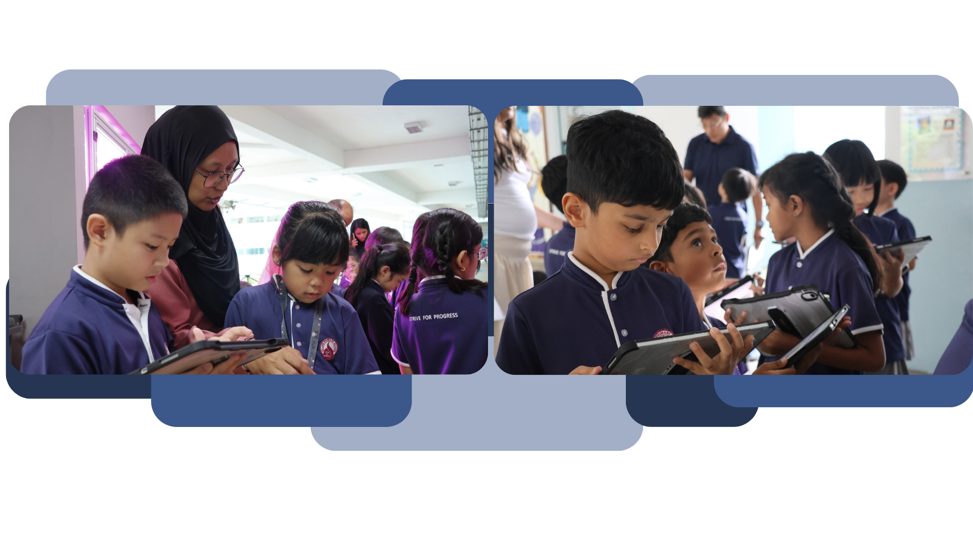 Two photos of students engaged in iPad-based learning activities. In the first photo, a teacher in a hijab guides two students working on iPads in a busy classroom setting. In the second photo, a group of students hold iPads and look attentively, with a teacher visible in the background, suggesting a guided learning activity.