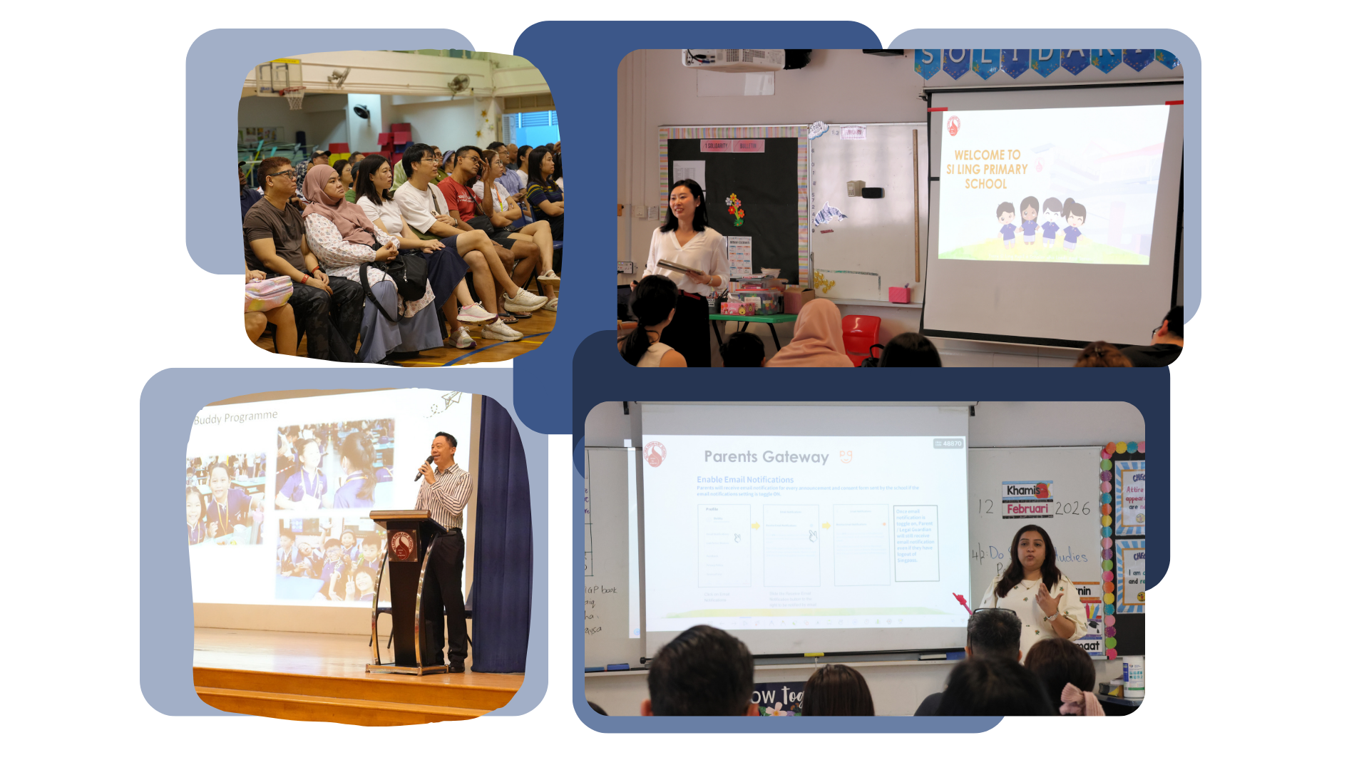 Four photos from a Si Ling Primary School event showing teachers presenting to seated parents in classrooms and a hall.