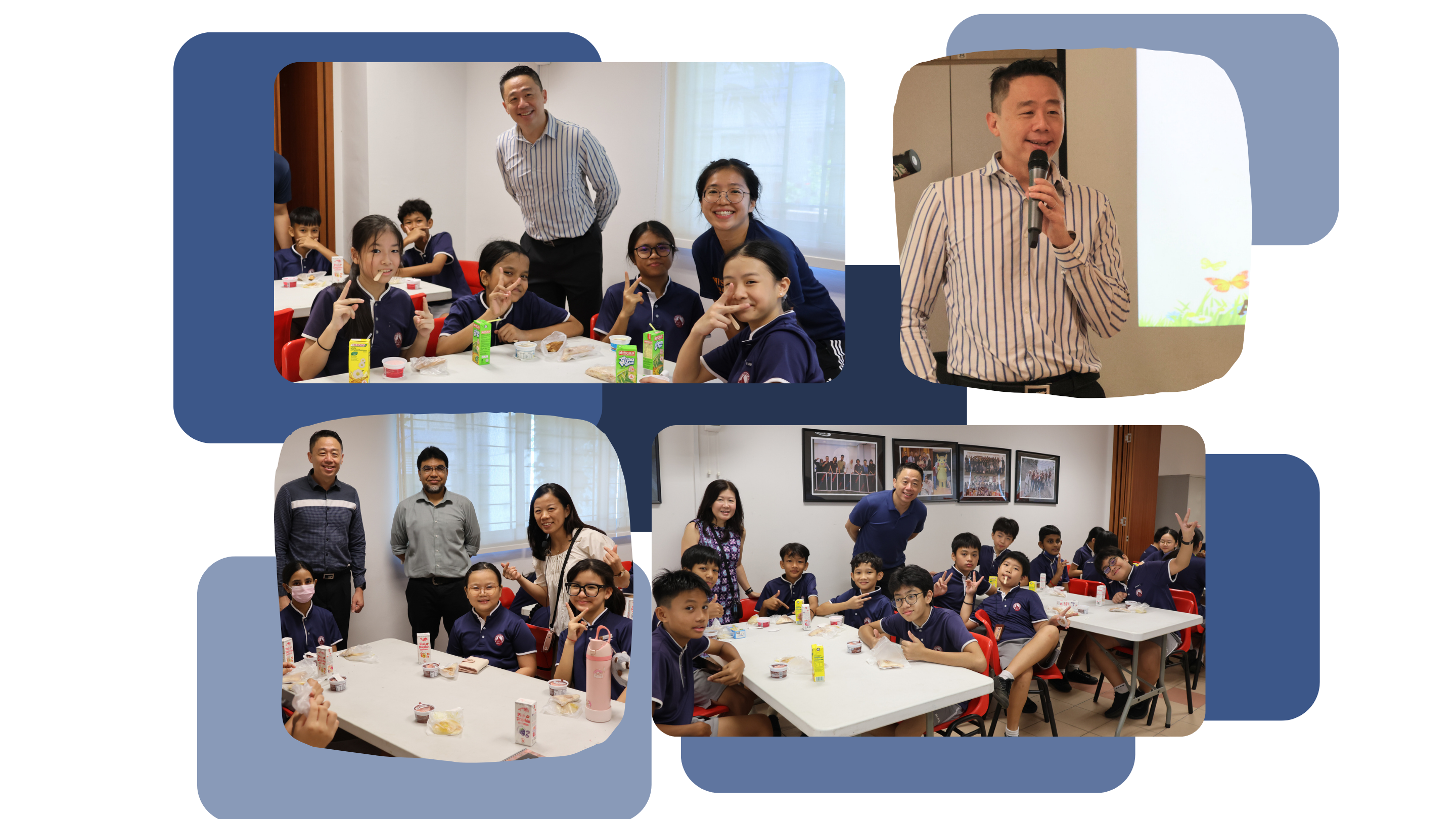 2 photos at the top. Left shows 4 girls in school uniform posing for the camera with Ms Janice Tan together with our principal, Mr Koe. Right shows Mr Koe speaking while holding a mic. 2 photos at the bottom. Left shows 3 girls in school uniform (1 wearing a mask) smiling for a photo with Ms Lin, Mr Jalil and our principal, Mr Koe. 