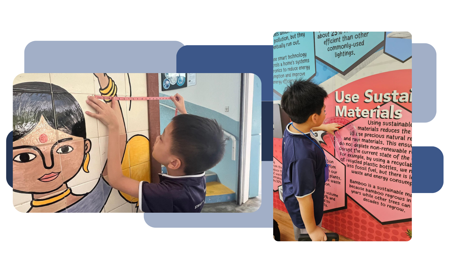 Two photos of students applying measurement skills outside the classroom. In the first photo, the student uses a measuring tape against a wall decorated with a mural of a traditional Indian figure. In the second photo, another student reads an informational display panel about sustainable materials, suggesting a real-world mathematics learning activity conducted around the school.
