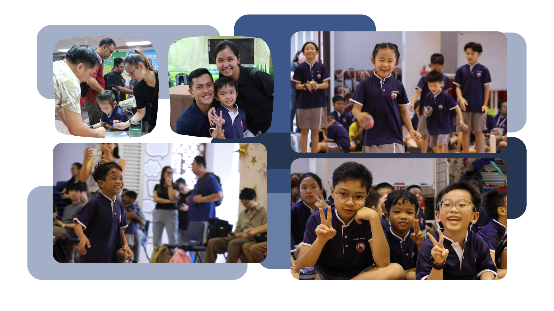 Collage of children in navy school uniforms smiling, posing with adults, and playing at school events.