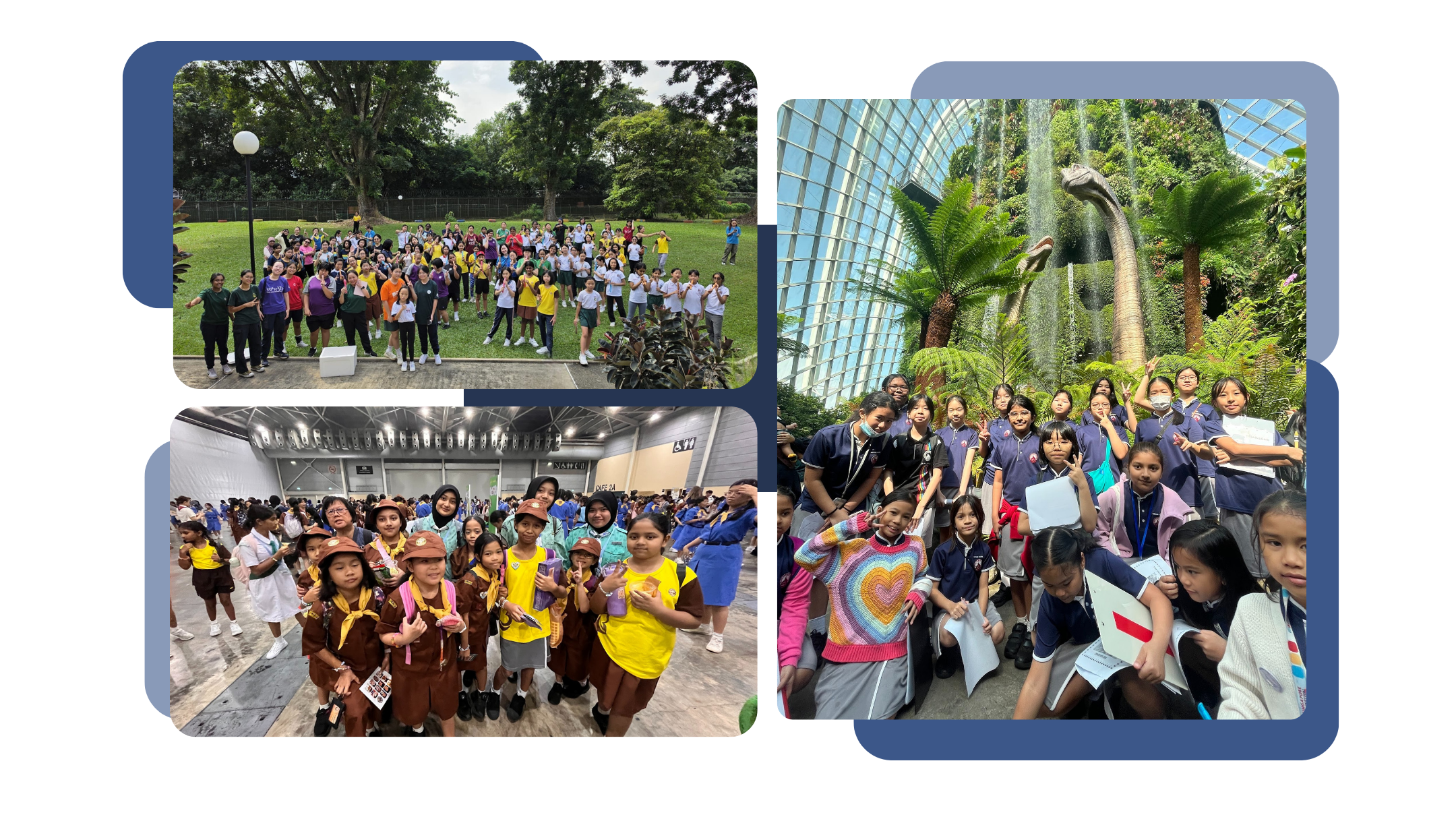 Brownies members at outdoor and indoor activities, including a group gathering in a park, a Brownies rally event, and a visit to Gardens by the Bay's Cloud Forest.