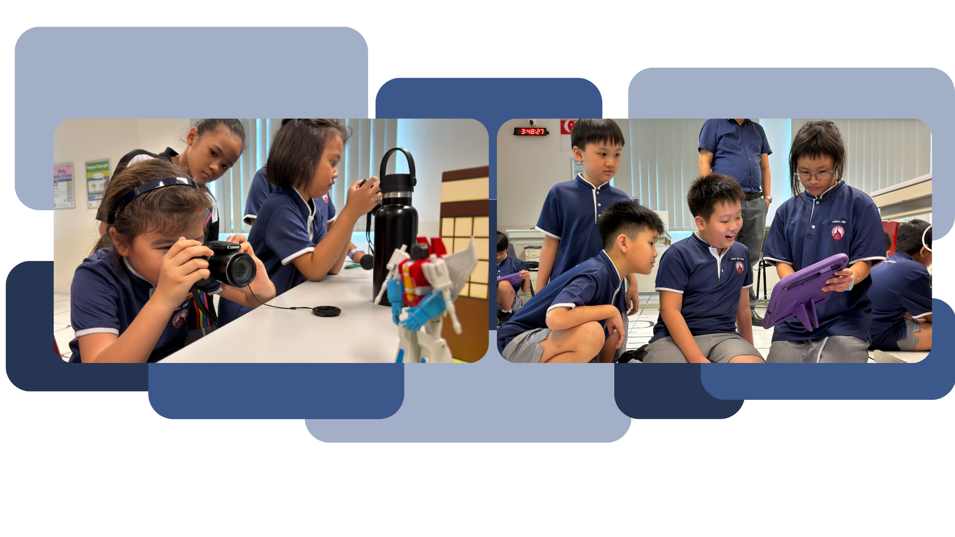 Students in blue uniforms use a camera and a tablet during a classroom activity.