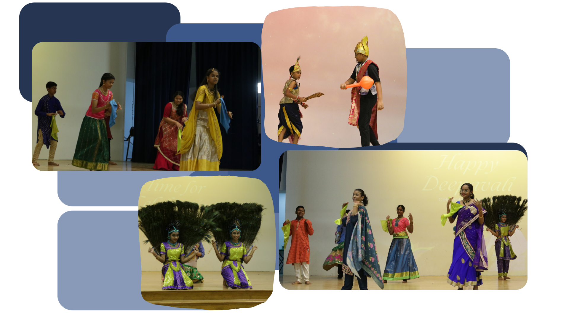 Children performing Indian classical dance and drama in colorful traditional costumes, including peacock feather fans and golden crowns.