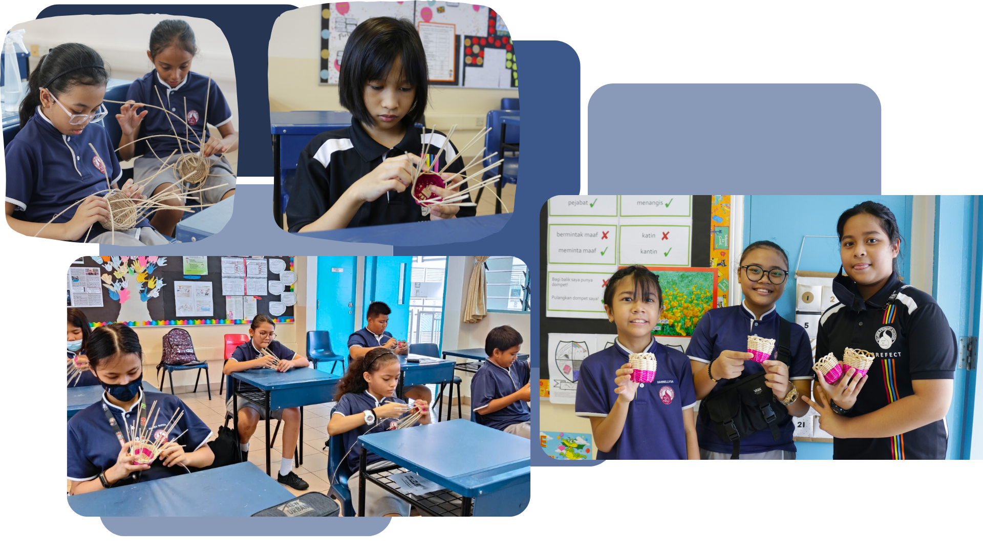 Students in blue uniforms weaving small baskets from reeds in a classroom, some holding finished woven baskets.
