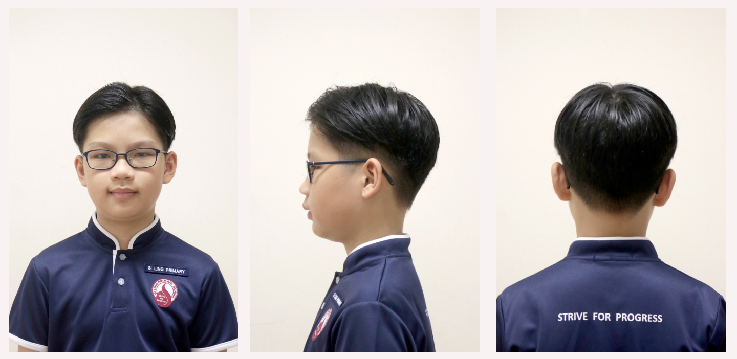 Three views of a boy wearing glasses and a navy Si Ling Primary school uniform showing front, side, and back.