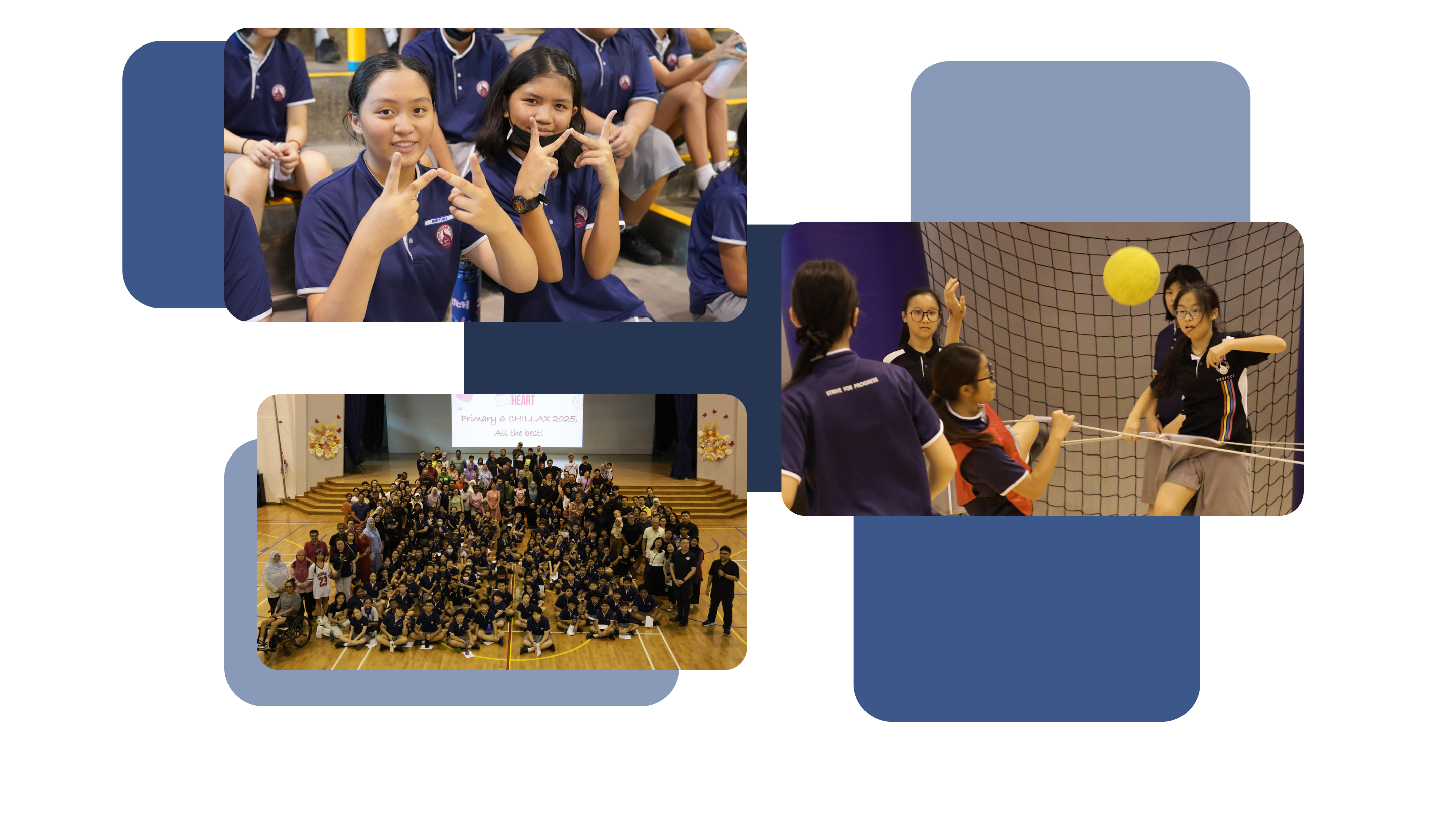 Three photos. First photo on top-left: 2 female students smiling and showing peace signs. Second photo on middle right, a group of female students playing volleyball. Third photo on bottom left, a group photo in the hall with the P6 students together with the teachers and parents taken from the hall gallery.