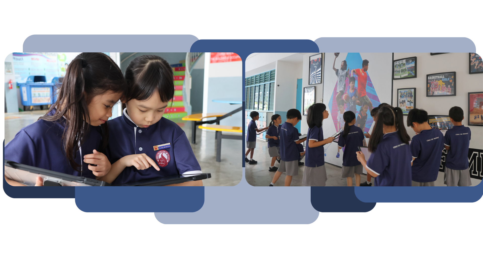 Two photos of students using iPads for learning. In the first photo, two girls collaborate closely while working on an iPad. In the second photo, a group of students with iPads walk through a school corridor decorated with sports-themed murals and framed posters, suggesting an outdoor or trail-based learning activity.