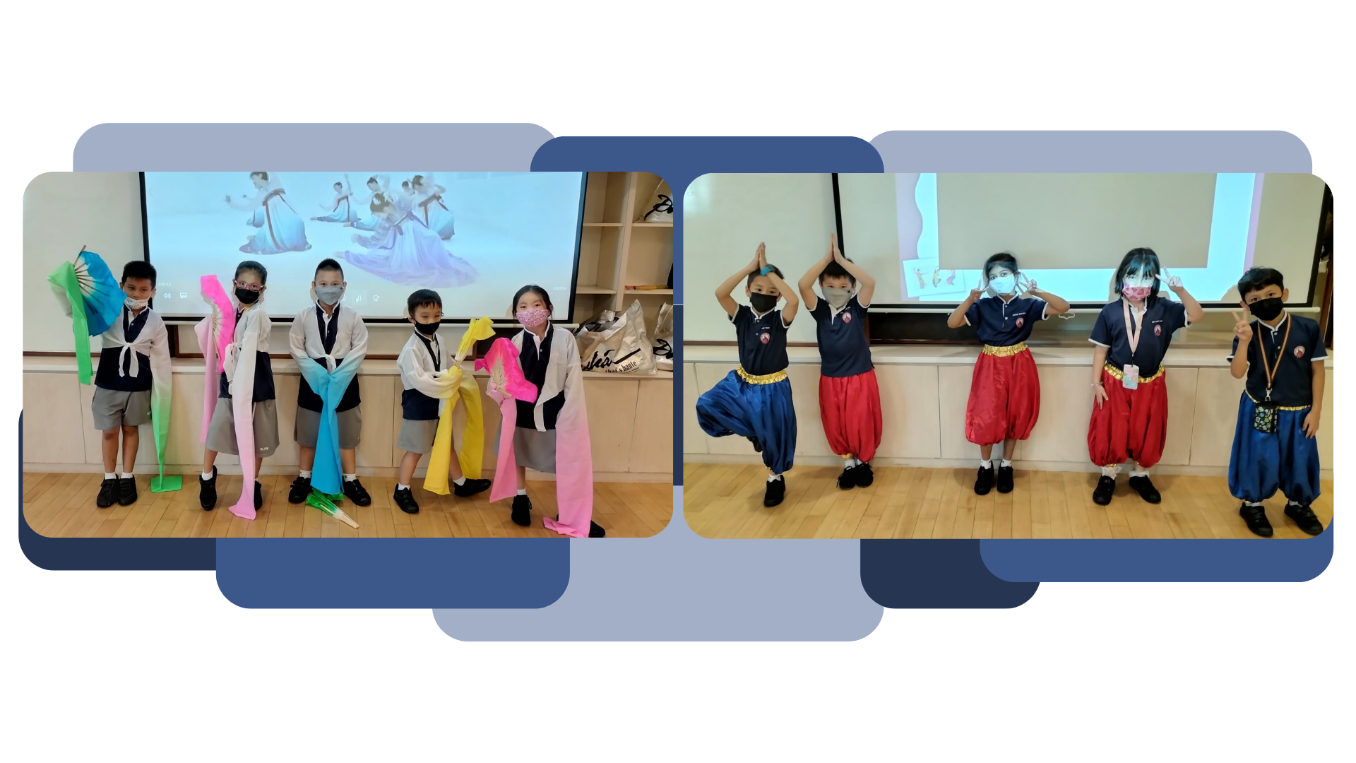 Children in traditional Asian costumes holding colorful fans or posing in dance stances indoors with a projection screen behind them.
