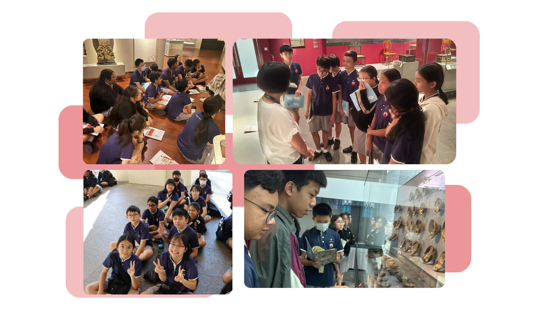 Four photos of school children in blue uniforms on a museum field trip, sitting, grouping, and viewing exhibits.
