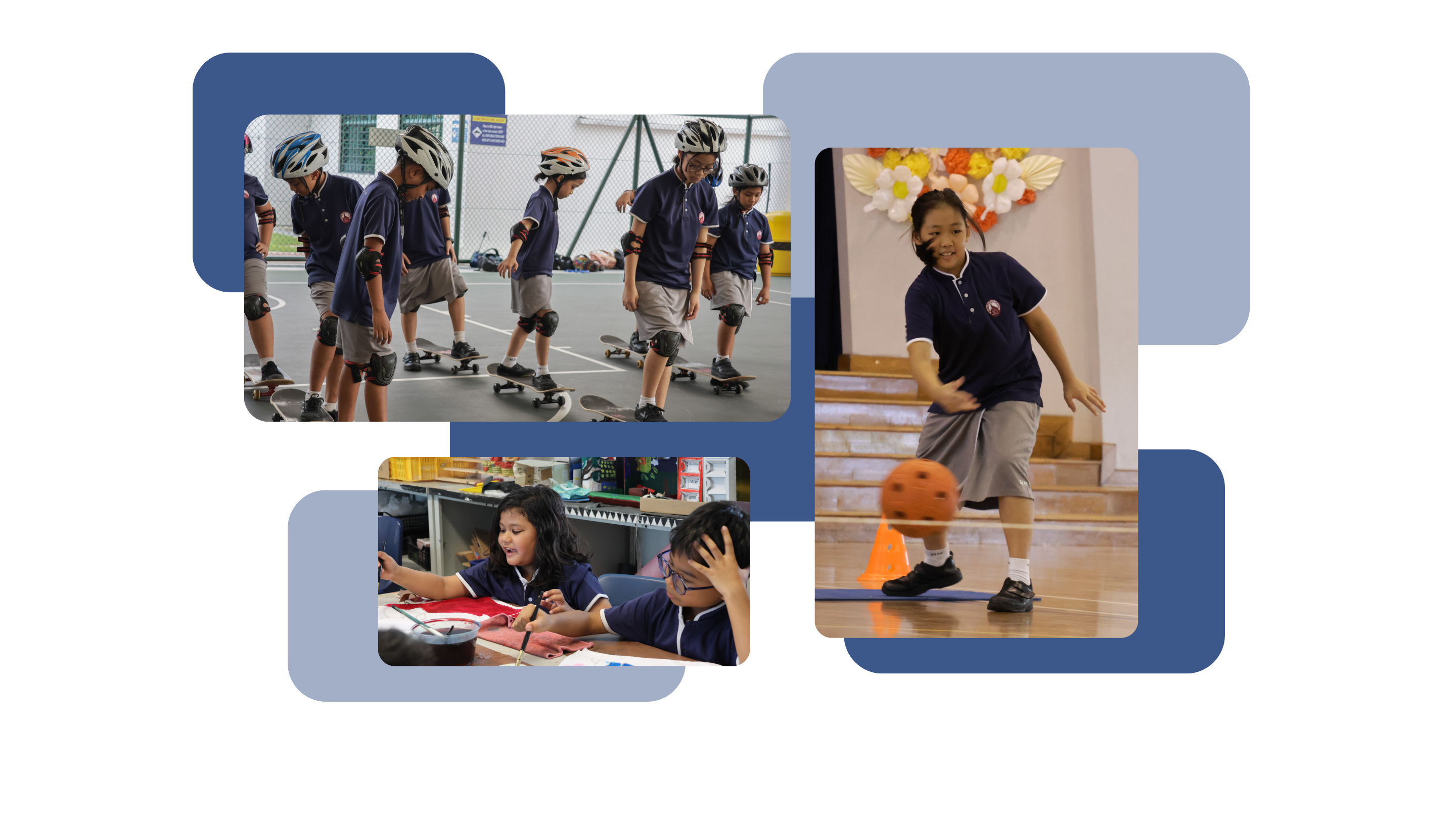 Three school photos: children skateboarding with helmets in the top left, a girl throwing an orange ball in the top right, and two students at a classroom table in the bottom left.