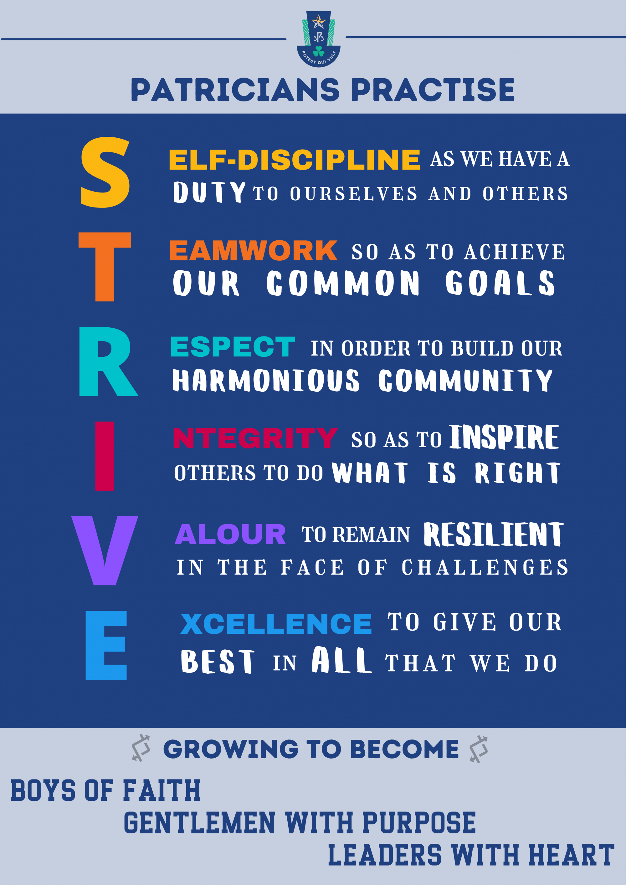 Patricians Practise STRIVE acronym poster listing self-discipline, teamwork, respect, integrity, valour, and excellence values.