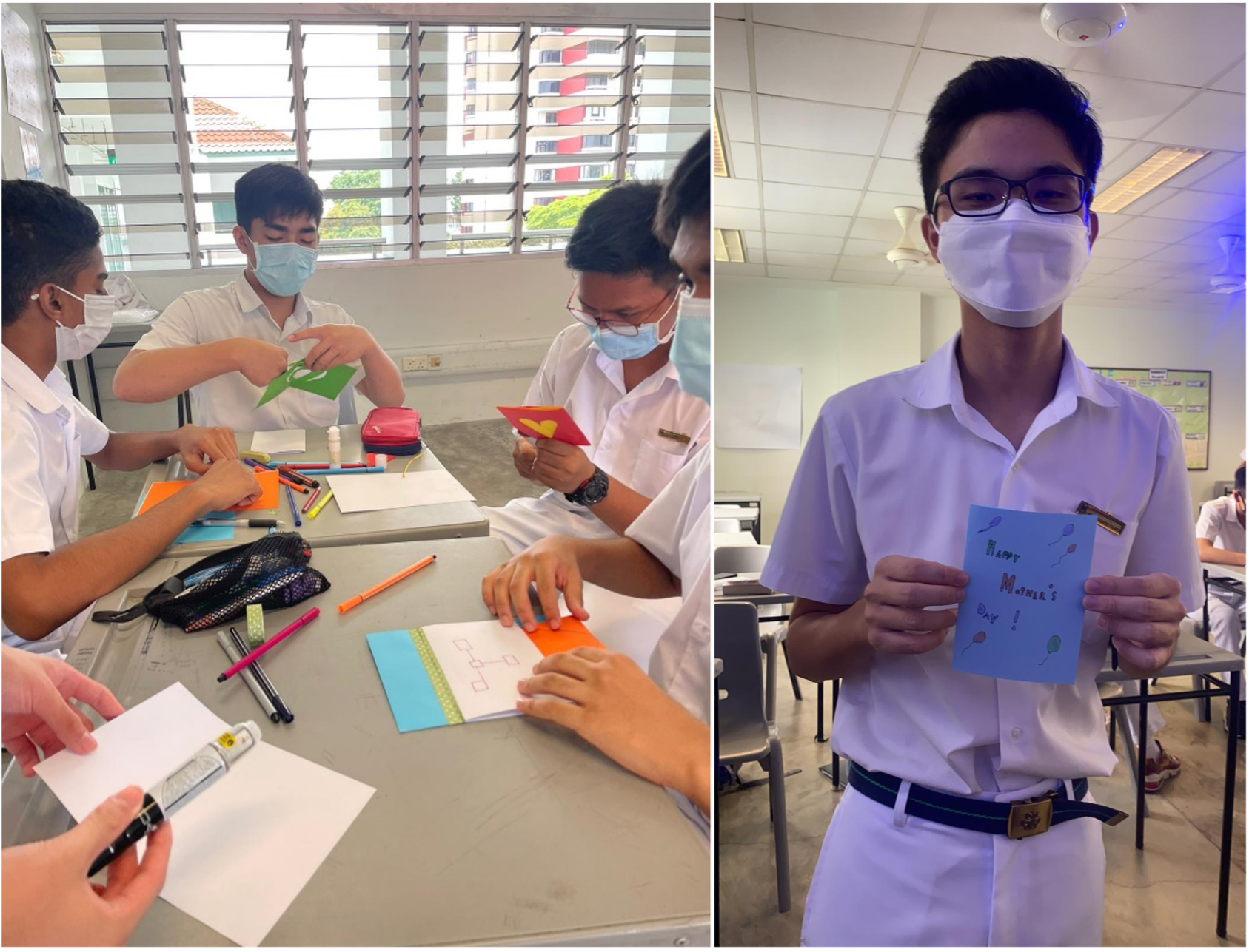 Students in white uniforms and masks make handmade cards; one boy holds a blue Happy Mother's Day card.