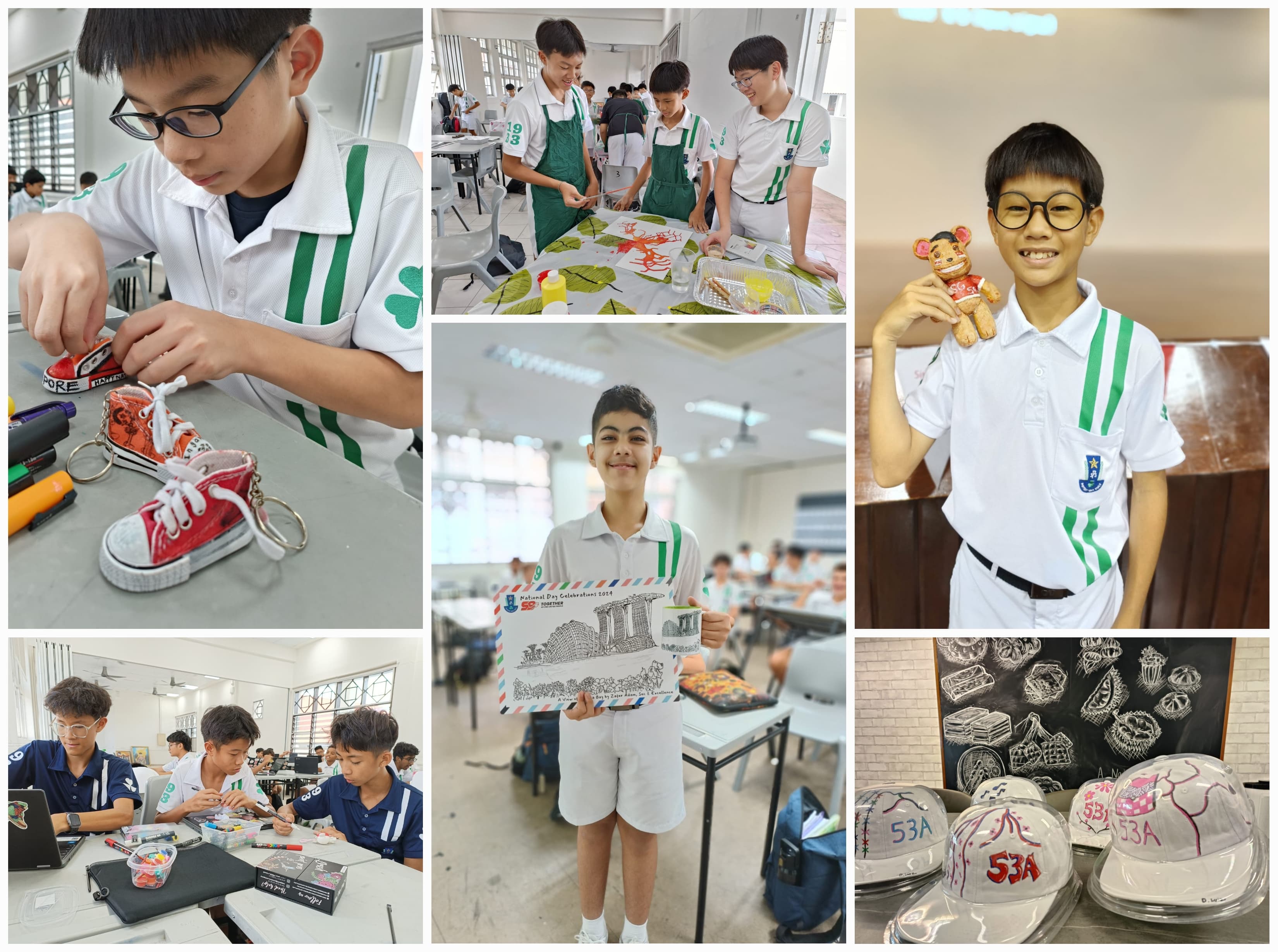 Students in school uniforms doing crafts: decorating mini shoes, painting, holding artwork, and customizing caps.