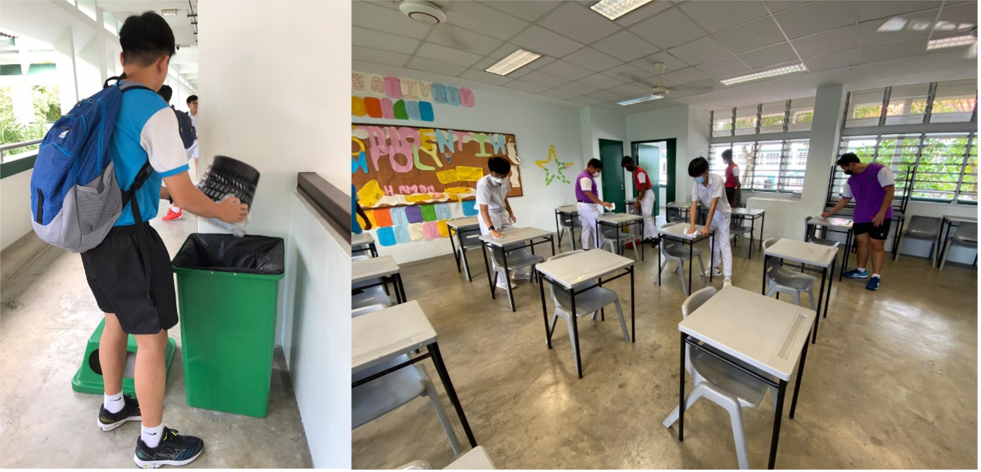 Students cleaning a school: one empties trash outside, others wipe desks in a spaced-out classroom.