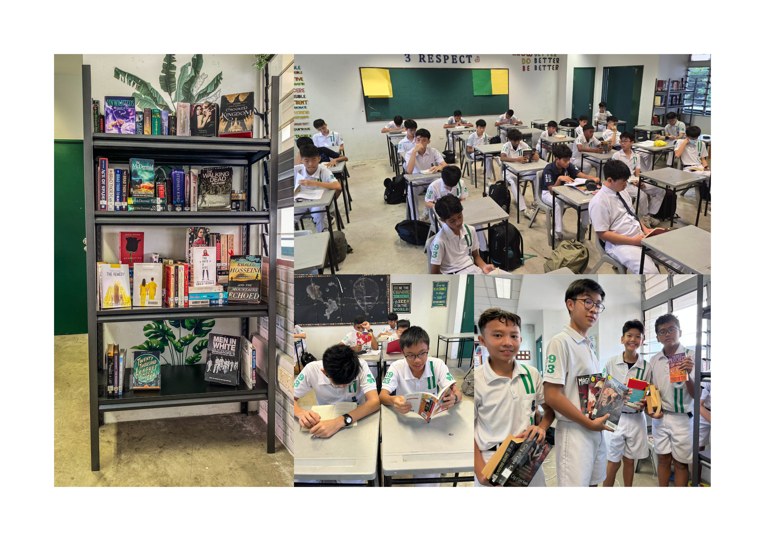 Collage: bookshelf of novels and classroom scenes of boys in white uniforms reading at desks and holding books