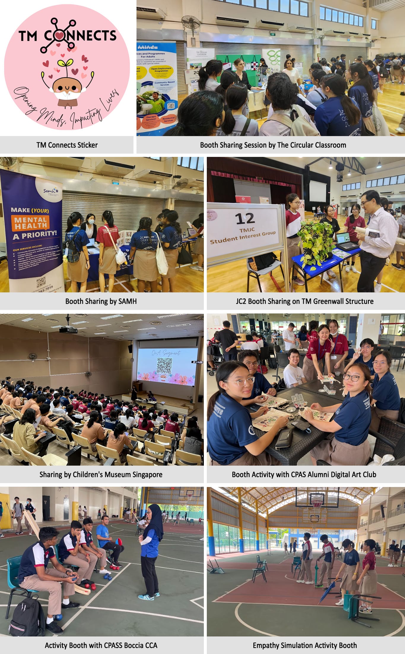 Collage of TM Connects school event photos showing booths, activities, and student interactions in a hall and gym.