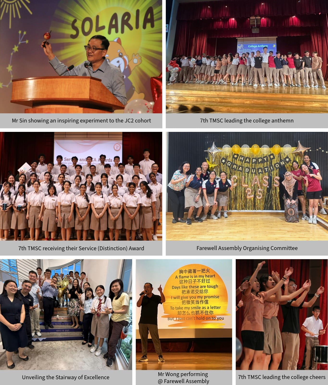 Seven photos from a school farewell assembly showing students, teachers, awards, performances, and a Happy Graduation Class 25 backdrop.