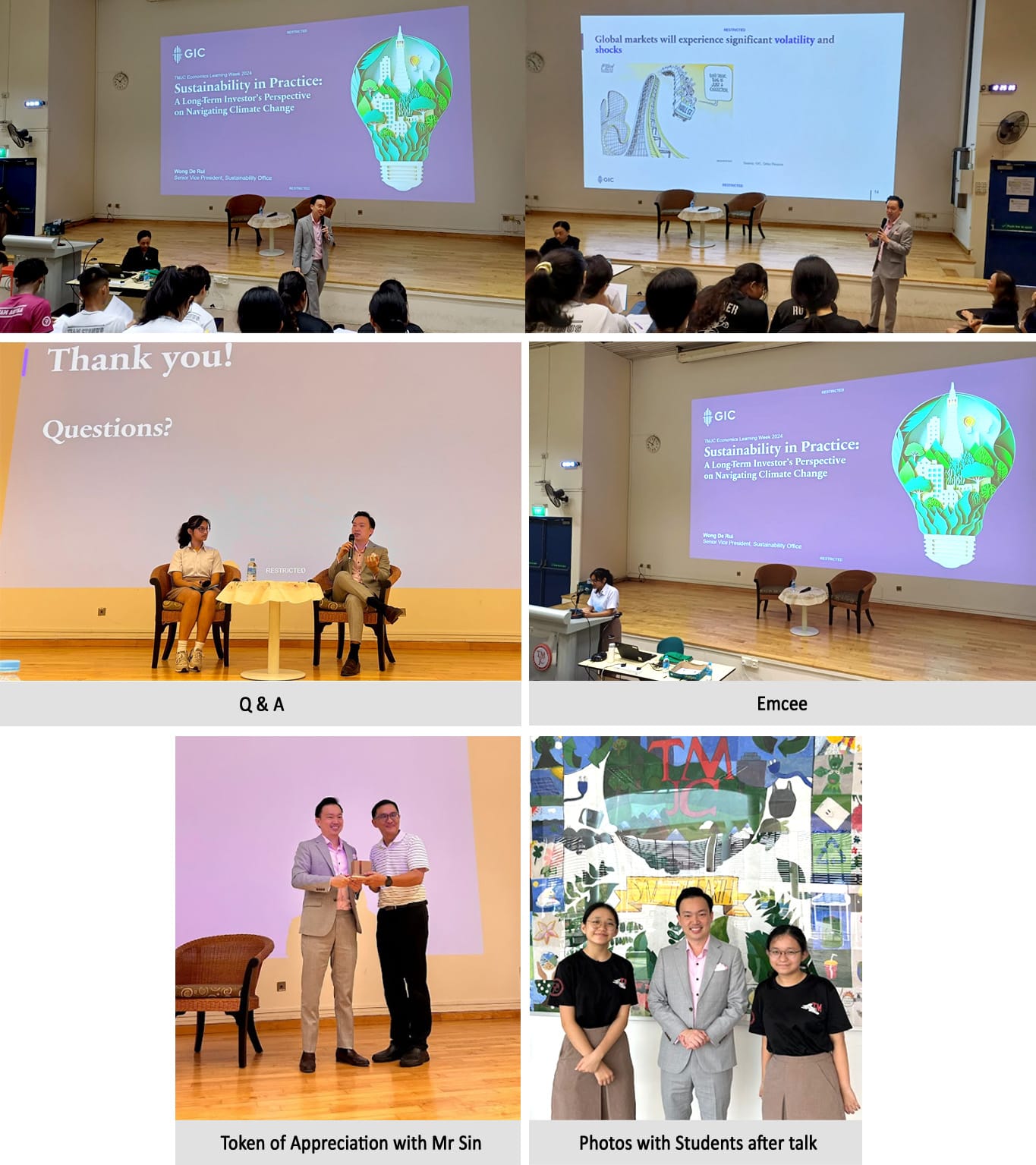 Six photos from a GIC sustainability talk event showing presentations, Q&A session, token of appreciation, and group photos with students.