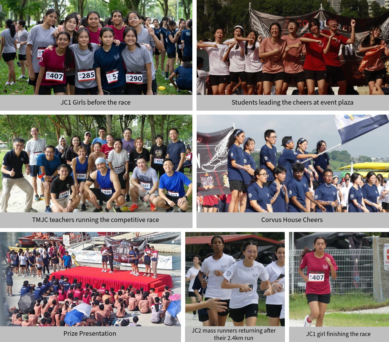 Seven photos from a school running event showing students with race bibs, cheering groups, teachers, a prize ceremony, and runners finishing.