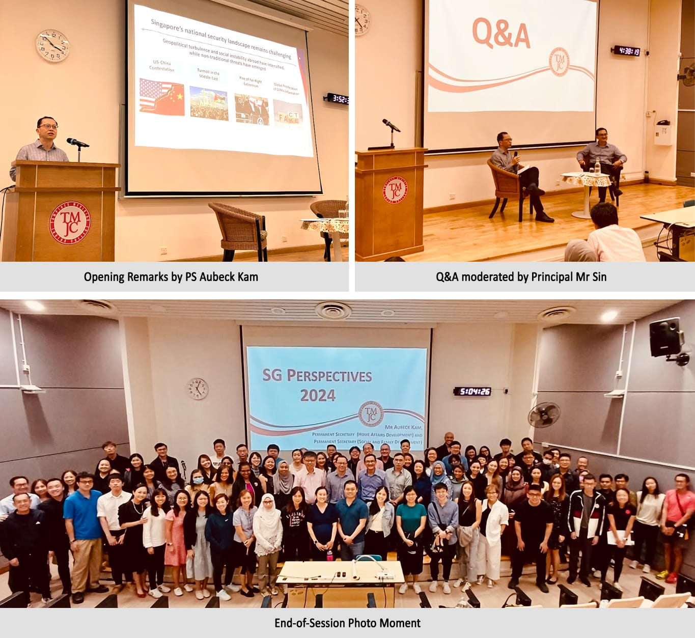 Three photos show a speaker at a podium, a Q&A session, and a large group photo at SG Perspectives 2024.