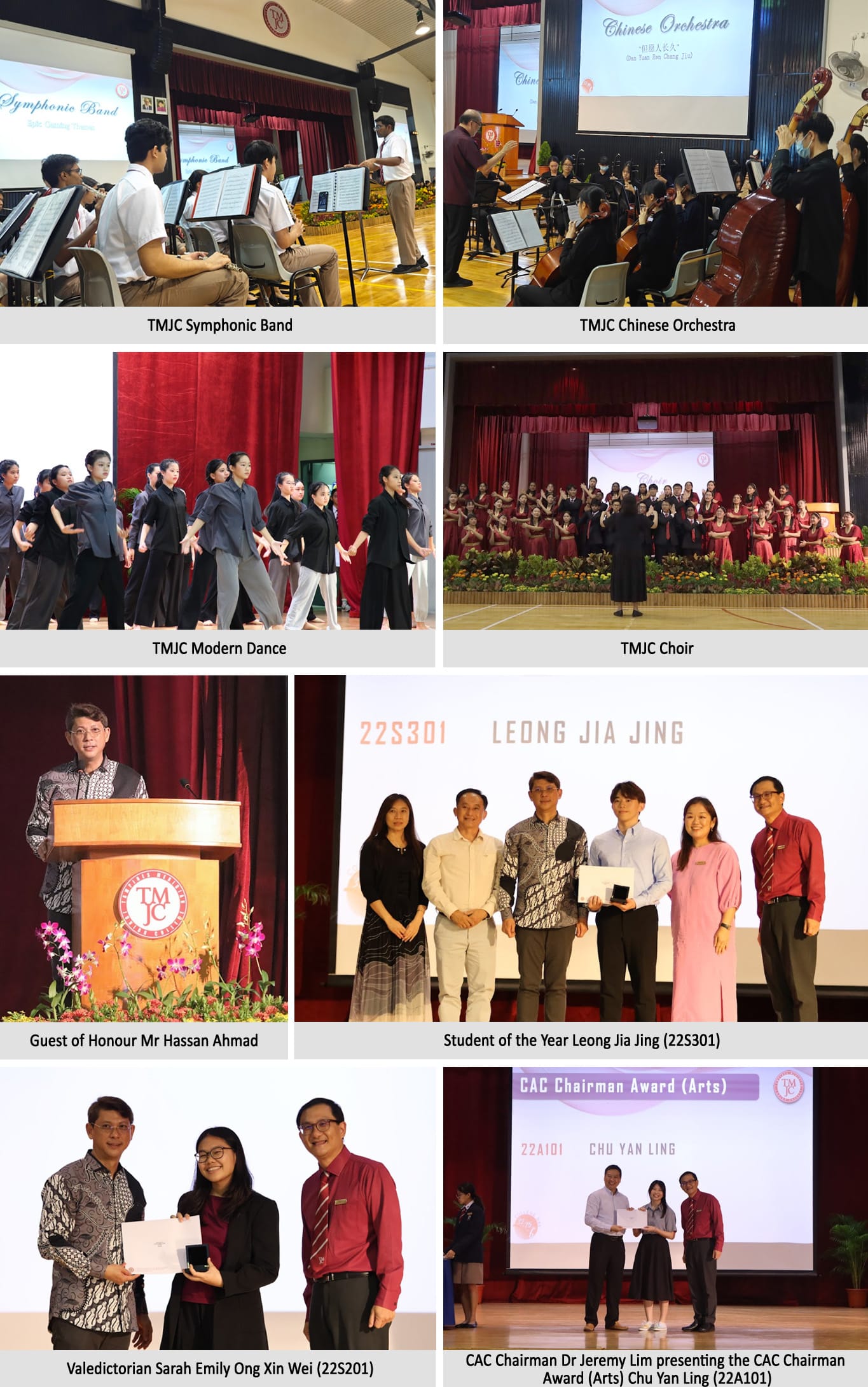 Six photos from a TMJC school event showing band, orchestra, dance, choir performances, and award presentations.