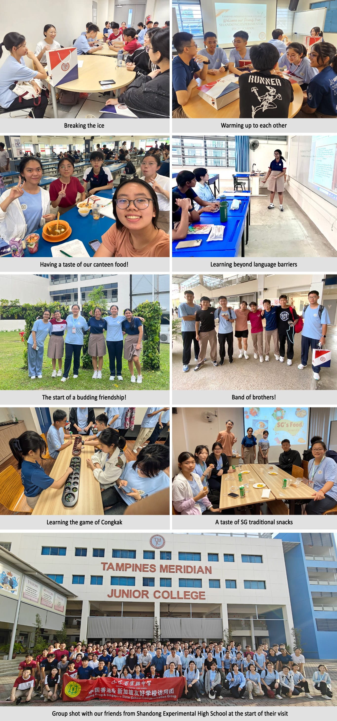 Students from Tampines Meridian Junior College hosting Shandong visitors with activities, food, games, and a group photo.