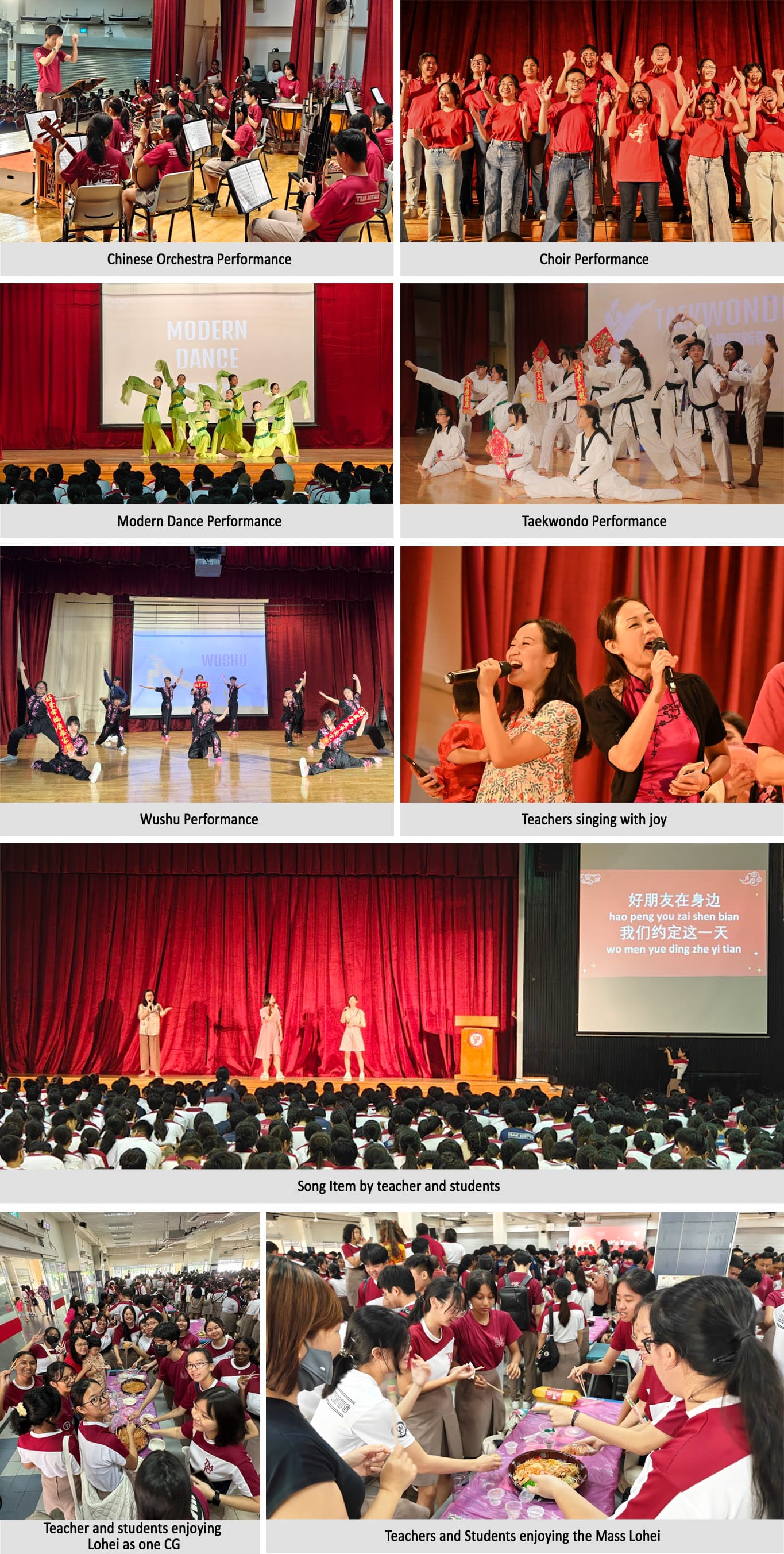 A school Chinese New Year celebration collage showing orchestra, choir, dance, taekwondo, wushu performances, teachers singing, and mass lohei.