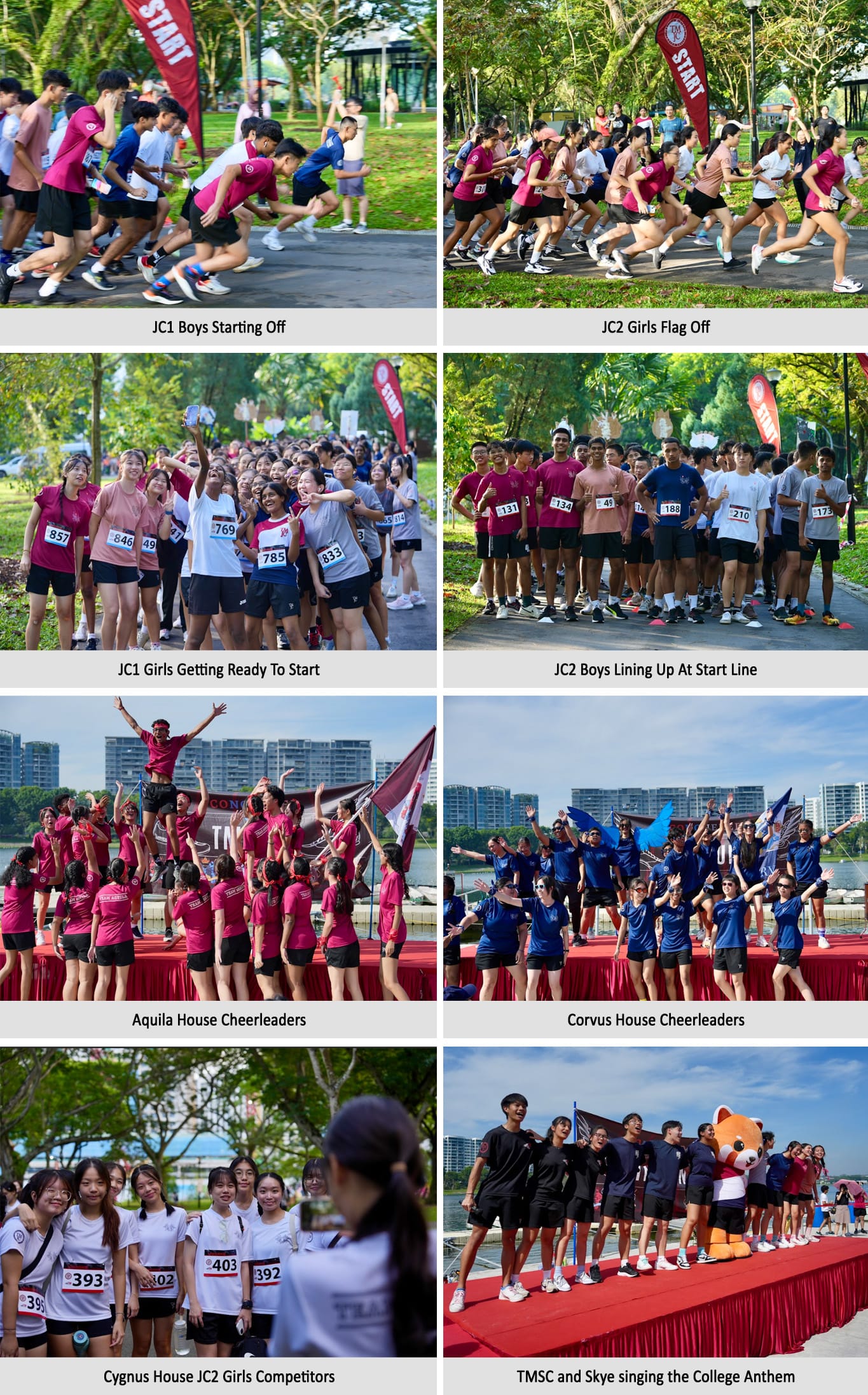 College race event collage showing students starting runs, cheerleaders performing, and groups posing outdoors.