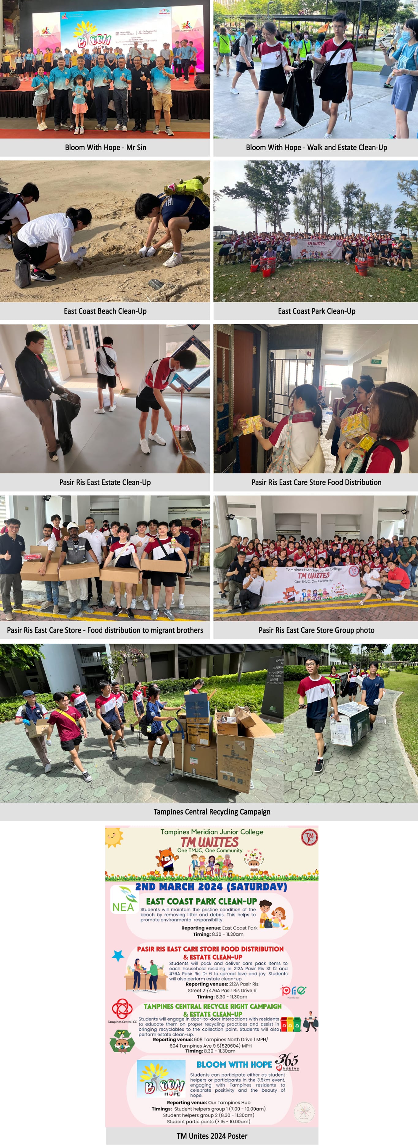 Collage of community service events including beach clean-ups, food distribution, recycling campaigns, and a TM Unites 2024 event poster.