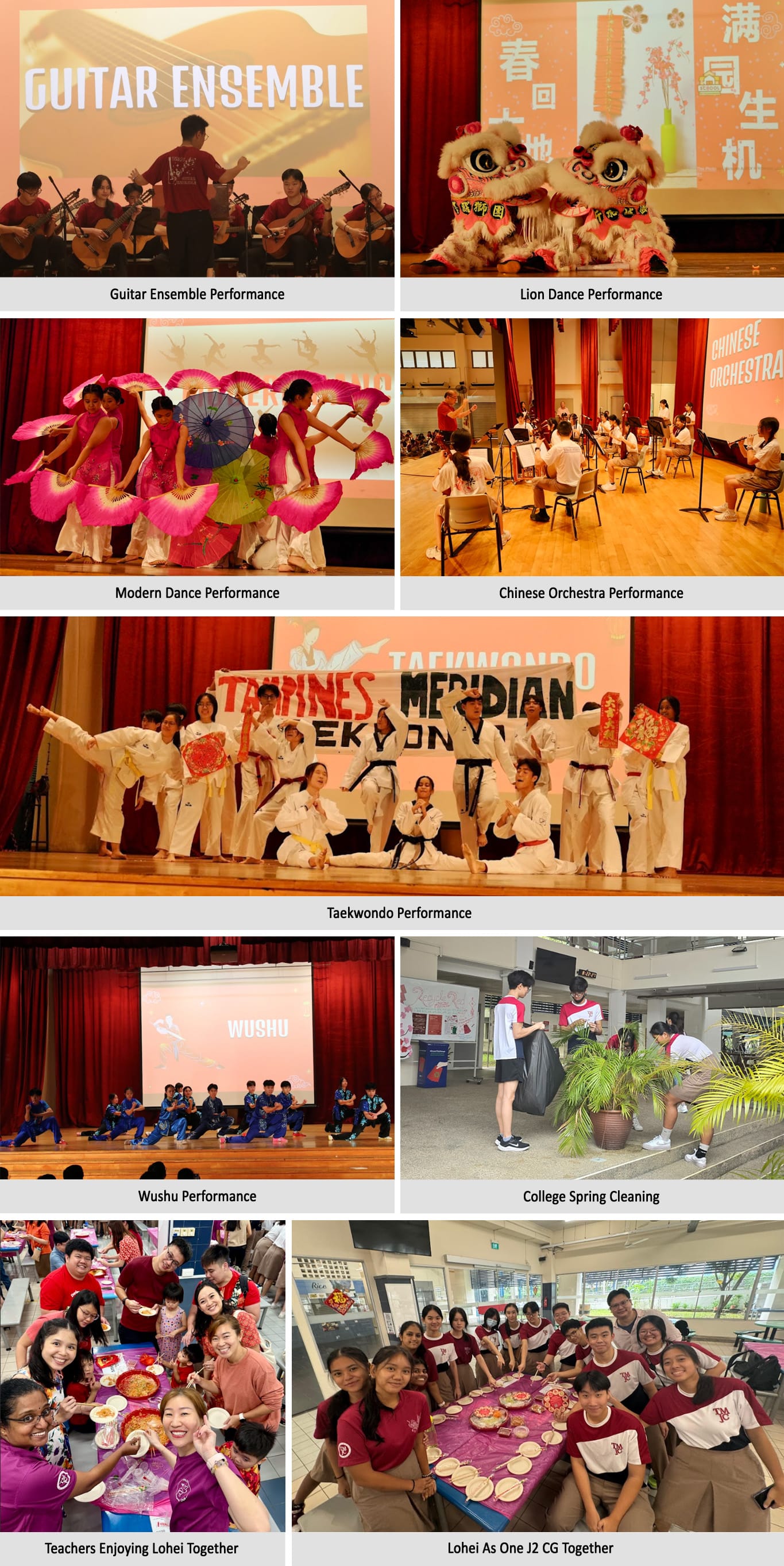 A collage of school cultural event photos including guitar ensemble, lion dance, fan dance, Chinese orchestra, taekwondo, wushu, and lohei celebrations.