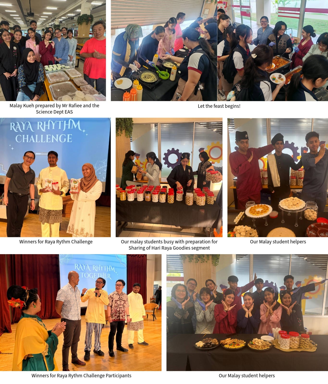 Six photos from a Hari Raya school celebration showing students, food, and a Raya Rhythm Challenge event.