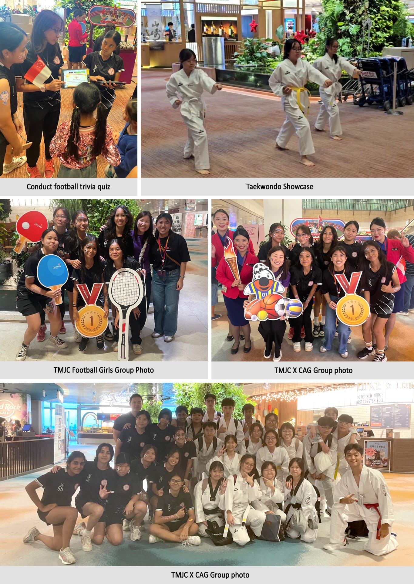 Five photos show TMJC students doing a quiz, taekwondo demonstration, and group photos with sports props indoors.