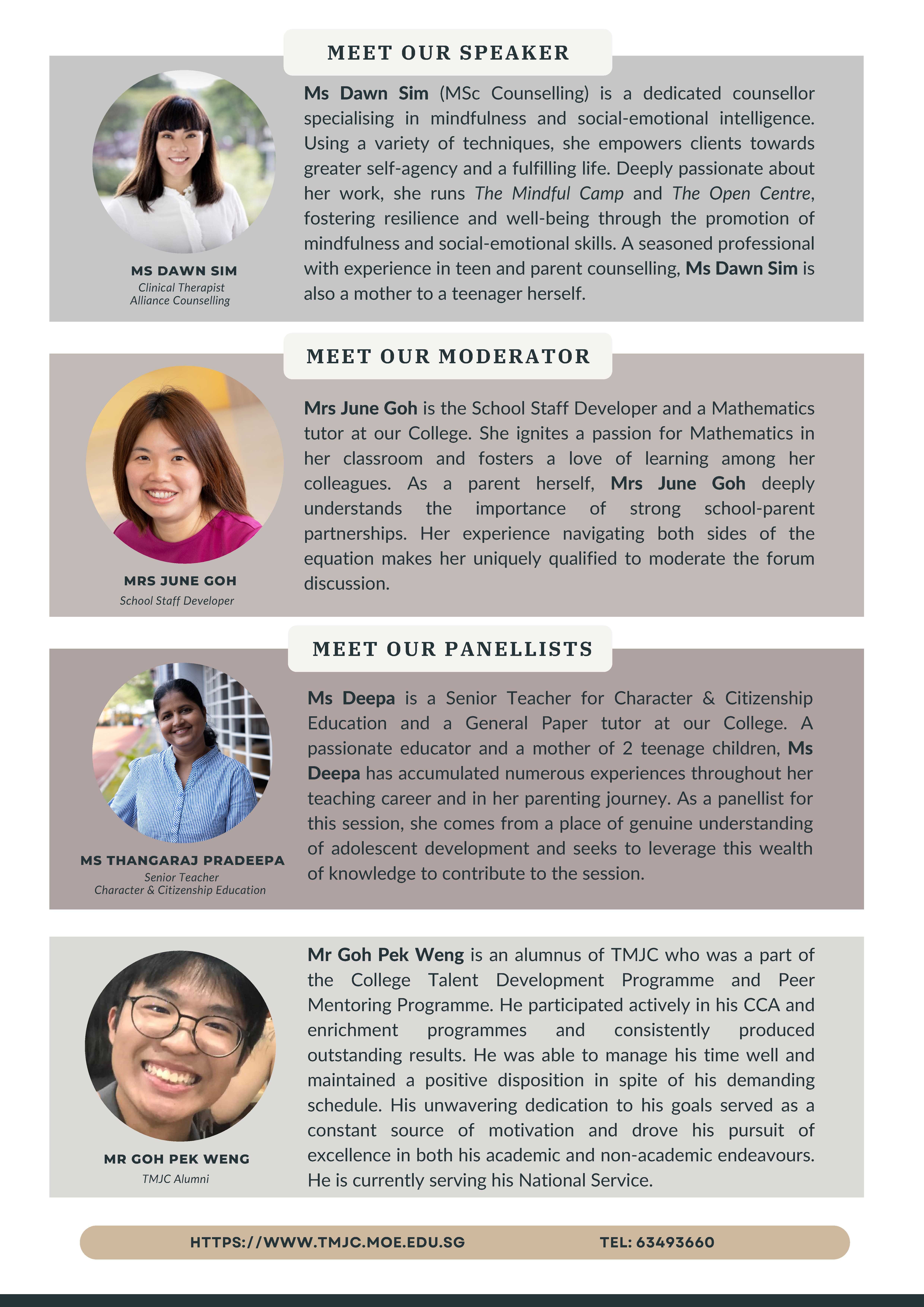 Flyer introducing a speaker, moderator, and two panellists with photos and short bios for a school forum.
