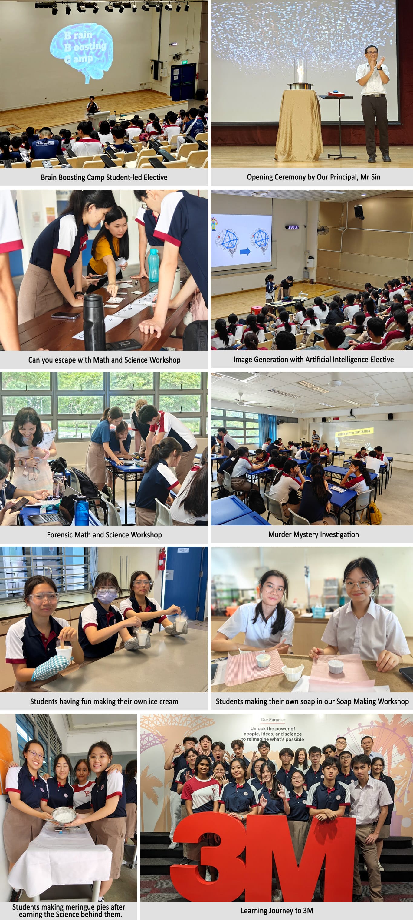 A collage of school students participating in science and math workshops, lectures, and a 3M company visit.