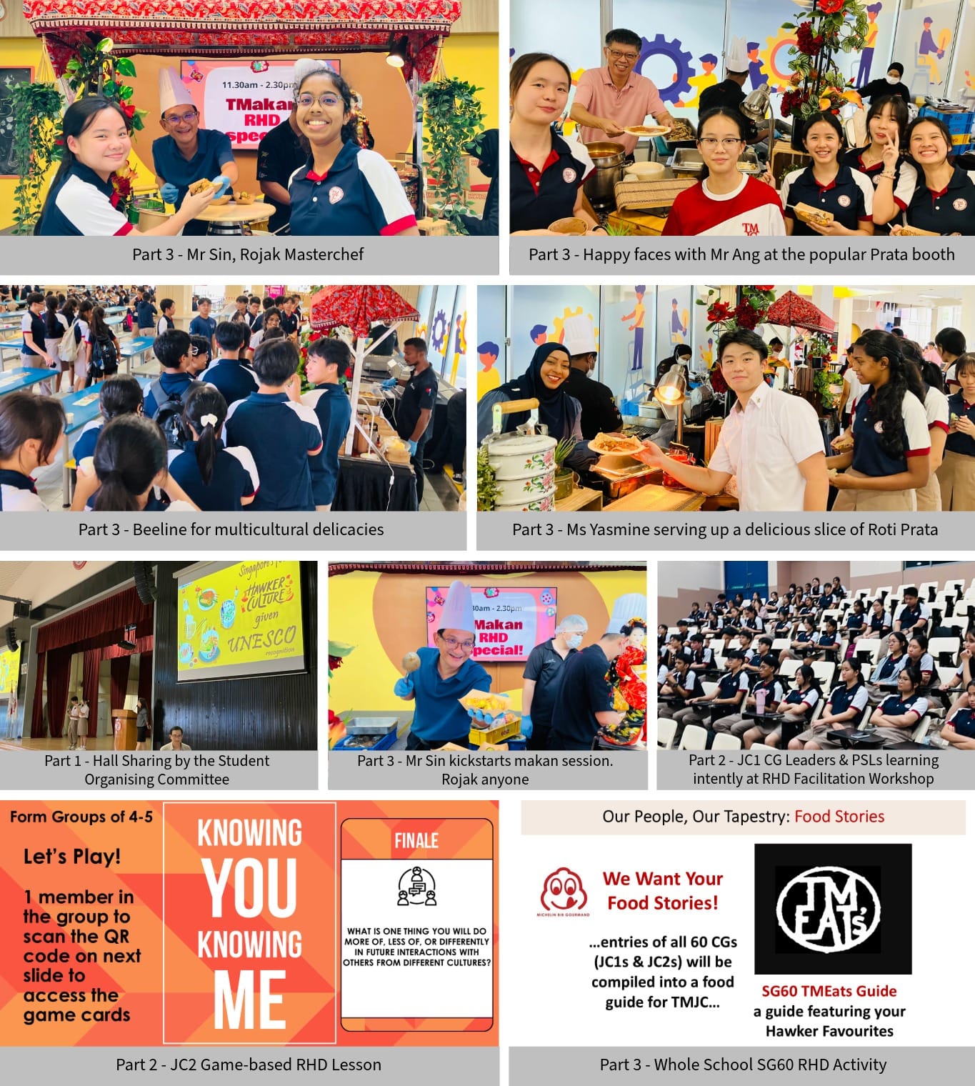 A school event collage showing students at food booths, a hall sharing session, workshops, and activity slides.