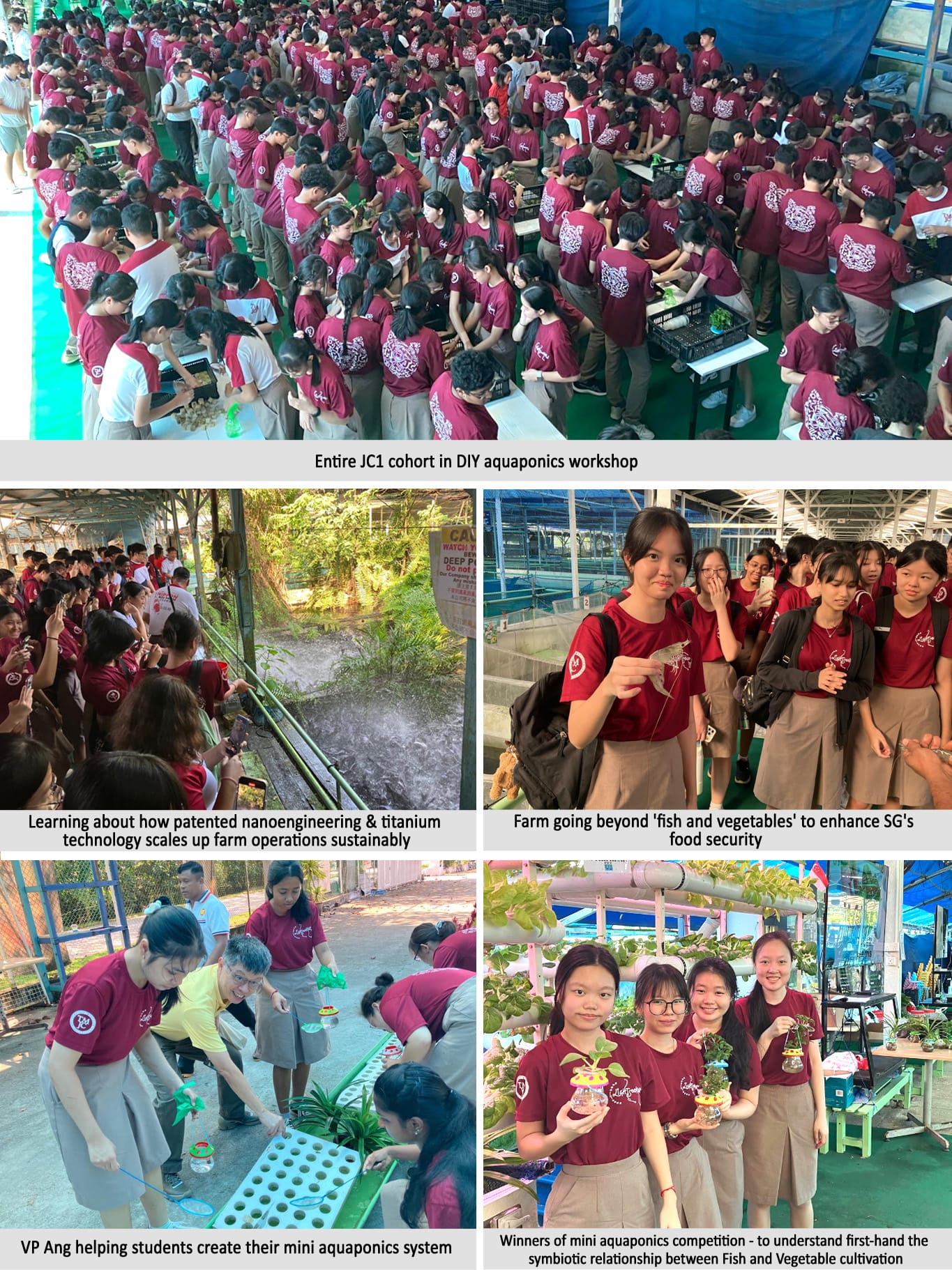 Students in maroon uniforms participate in an aquaponics workshop, building mini systems and touring a farm facility.