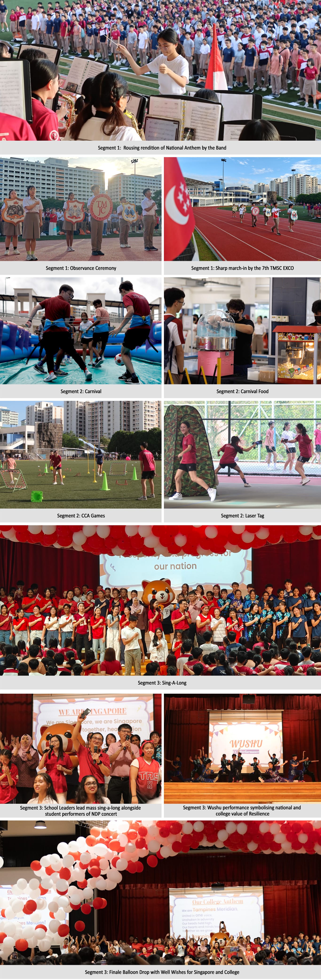 School event collage showing band performance, march-in, carnival games, sing-along, and red-white balloon finale.